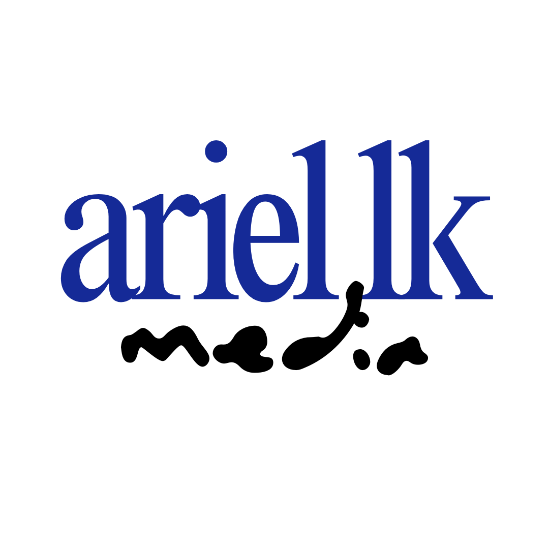 Ariel LK Media logo featuring bold blue serif text with black handwritten media subtitle on white.