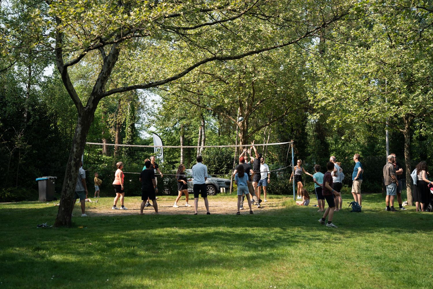 Group of young people playing volleyball on a sunny grass court surrounded by tall green trees.