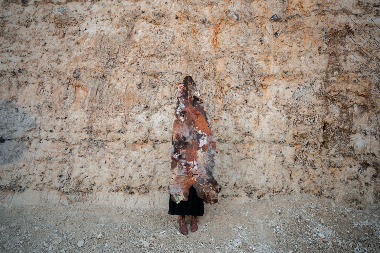 Large rust-colored felted leaf sculpture mounted against a rugged limestone cliff wall outdoors.