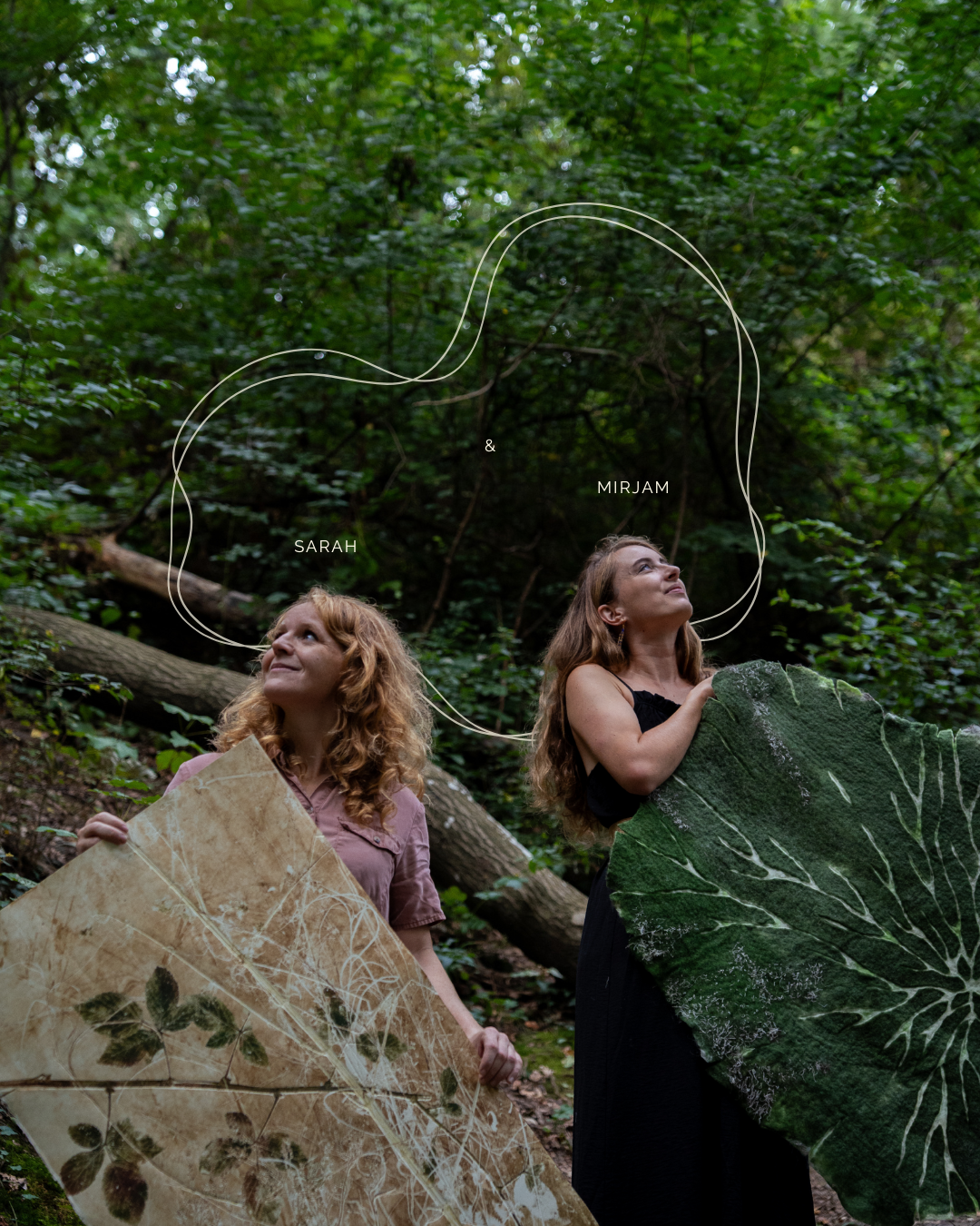 Two women named Sarah and Mirjam posing in lush green forest with decorative botanical overlay.