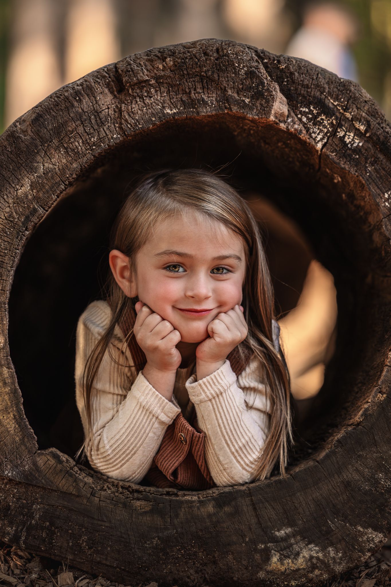 Retzer family session.  Fall pictures, tall pines and sun shing through the trees.  Little girl inside tree stump smiling.