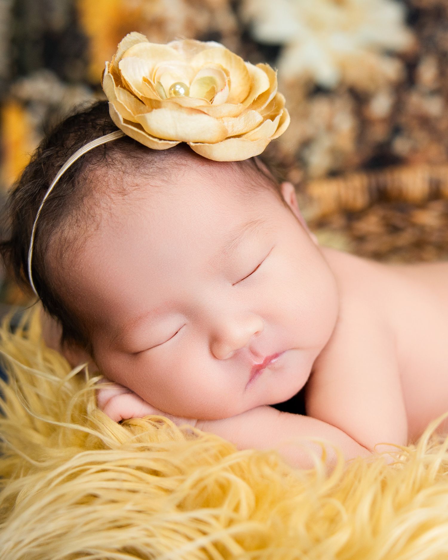 Studio newborn portrait at Lake Country Photography, Waukesha. Dark-haired baby peacefully sleeping with soft yellow details.