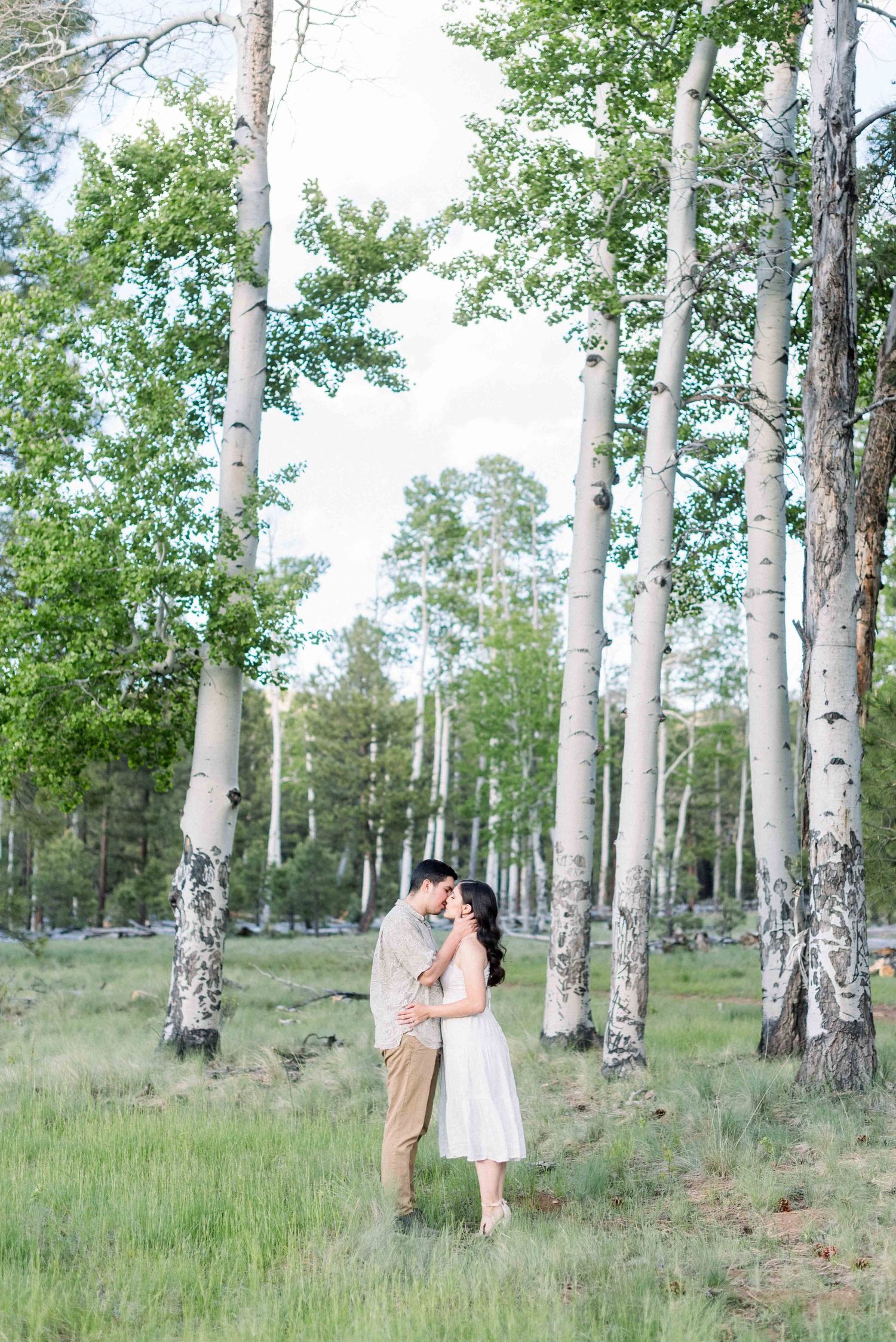 A couple embraces among tall white birch trees in a serene forest setting.