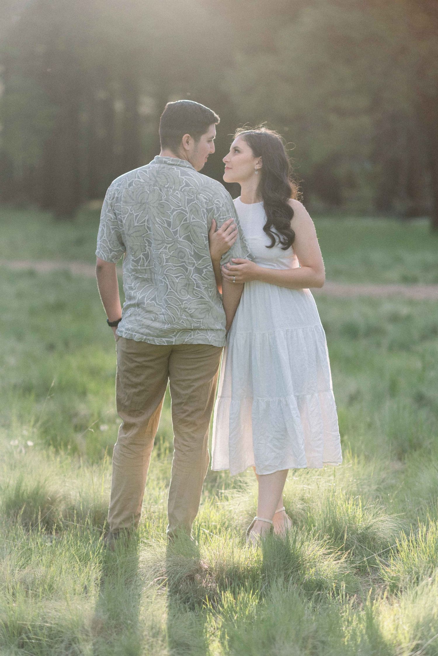 A couple shares an intimate moment in a sunlit meadow surrounded by tall pine trees.