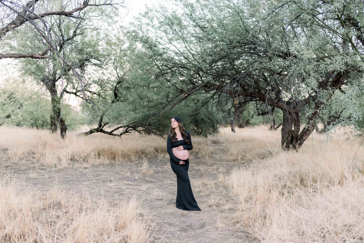 Outdoor maternity photo with pregnant woman in black dress standing among trees in a natural setting.