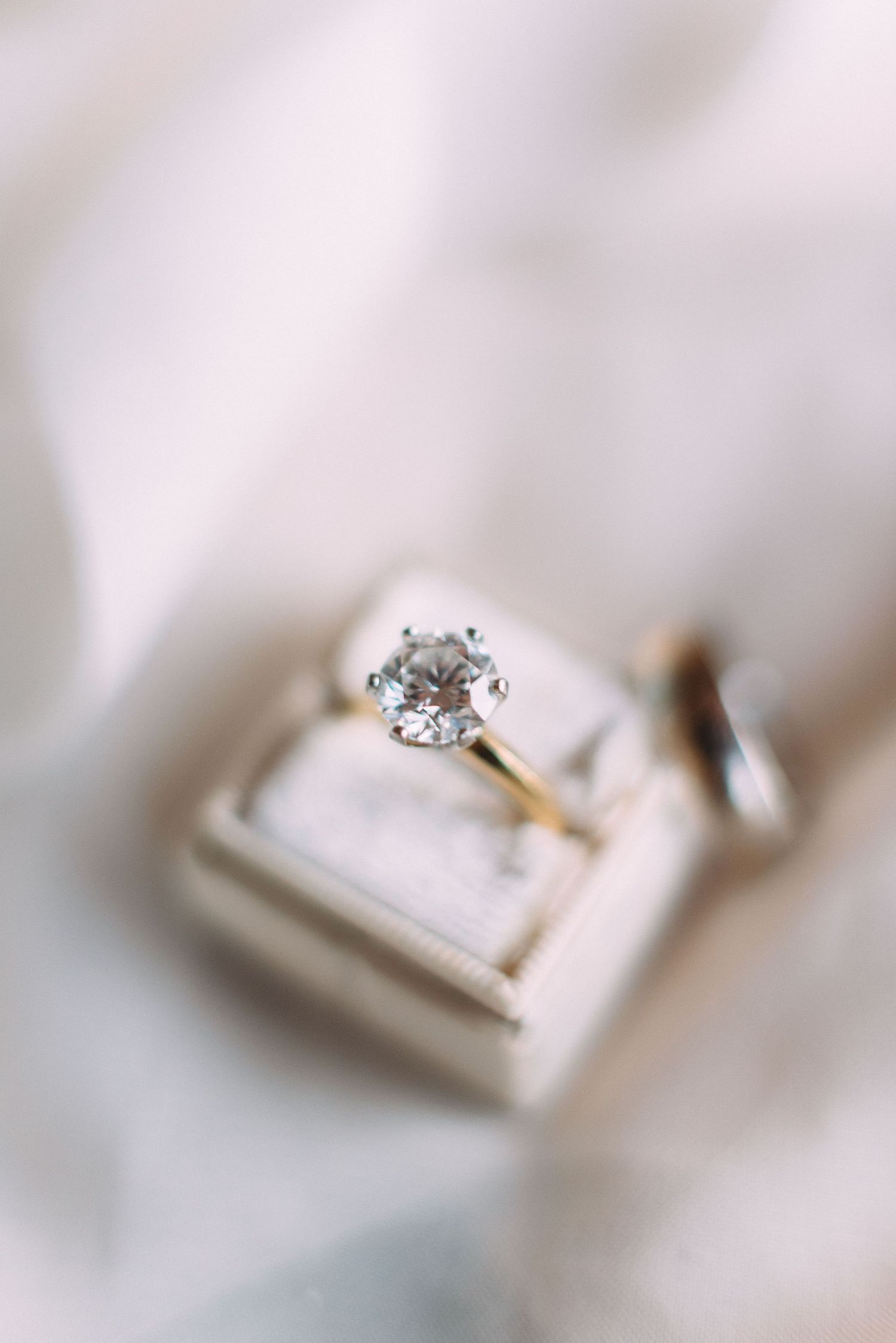 Close-up of a solitaire diamond ring in gold setting displayed in a white ring box.