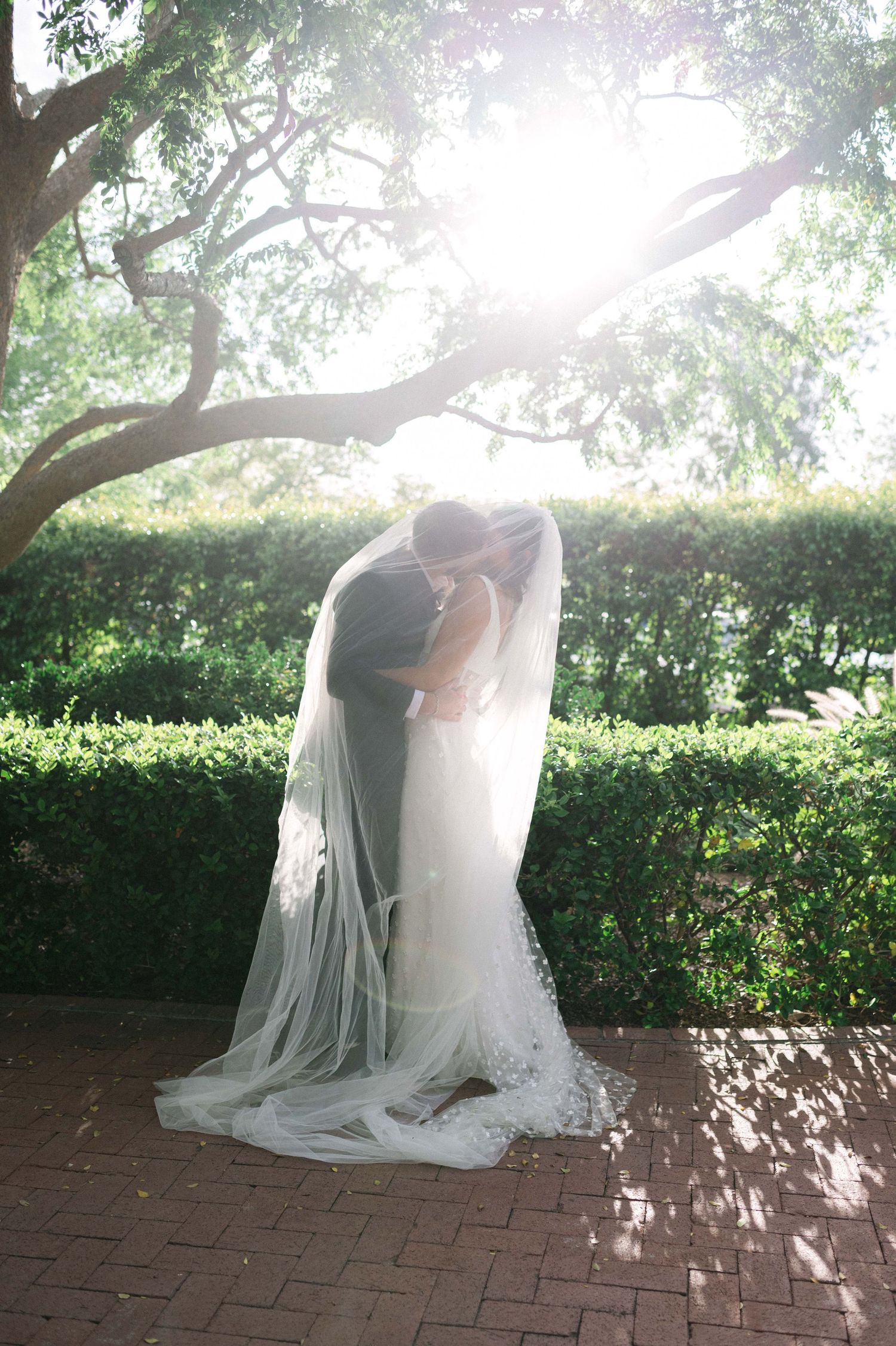 Wedding couple shares an intimate moment under dappled sunlight and green foliage.