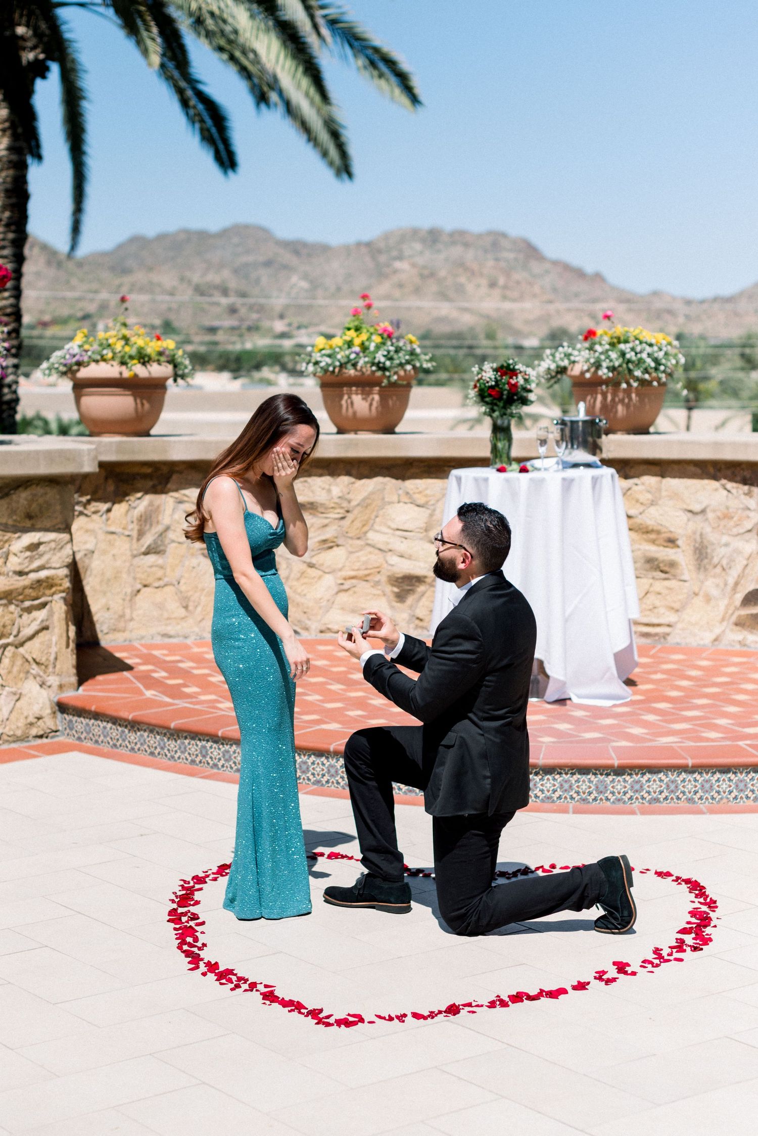 Emotional proposal scene with couple inside heart of rose petals against desert landscape.