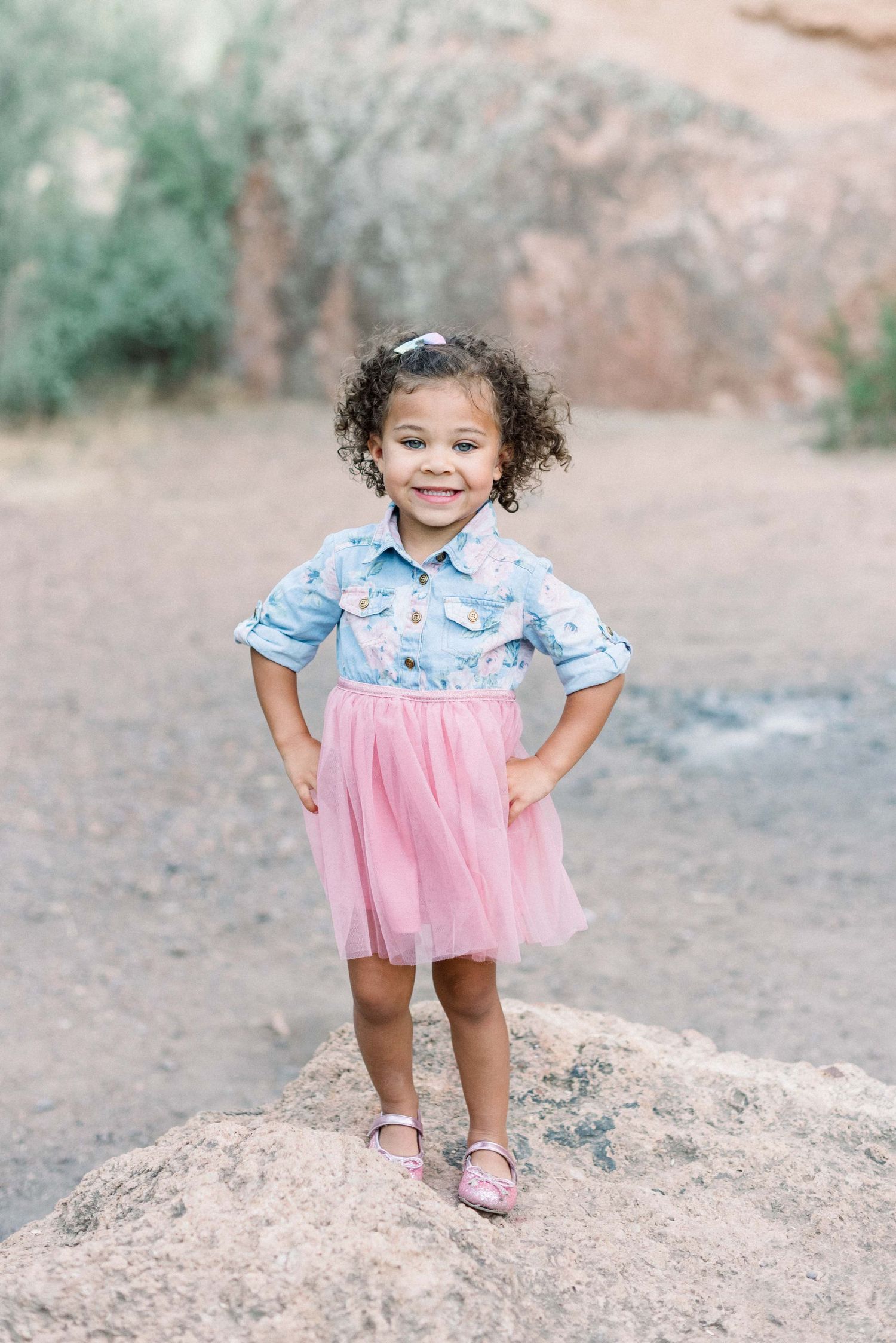 A small child in a tulle dress and denim top poses on a desert rock formation.