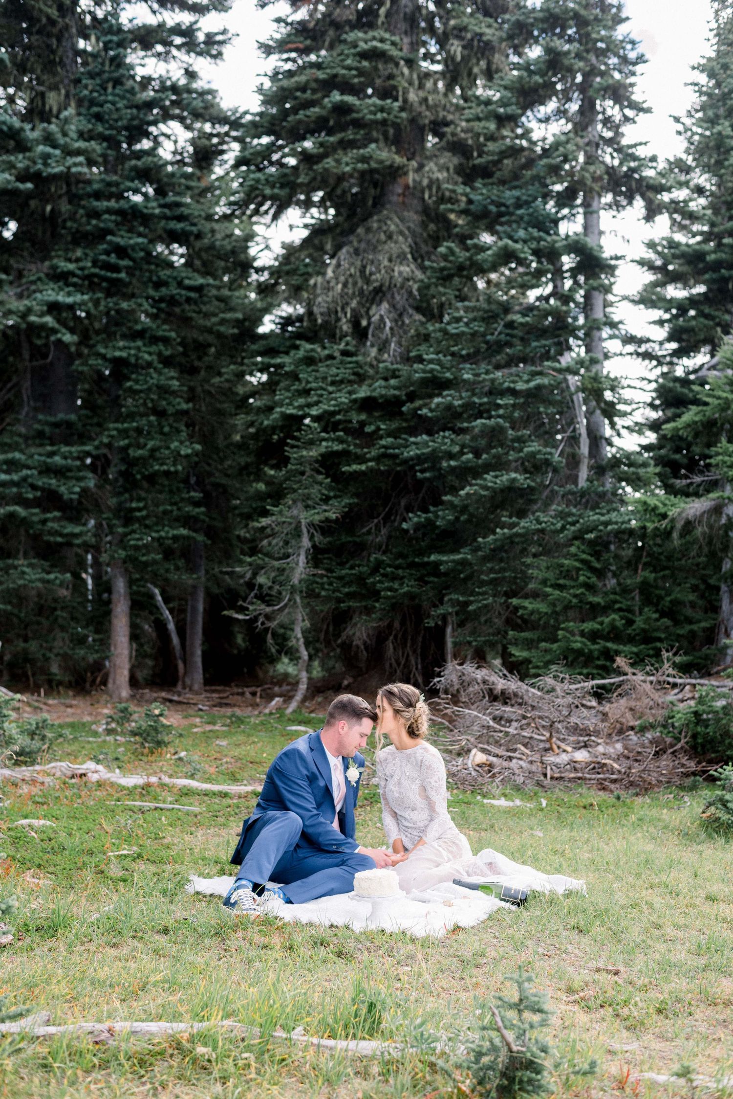 Wedding celebration in a scenic mountain forest setting.