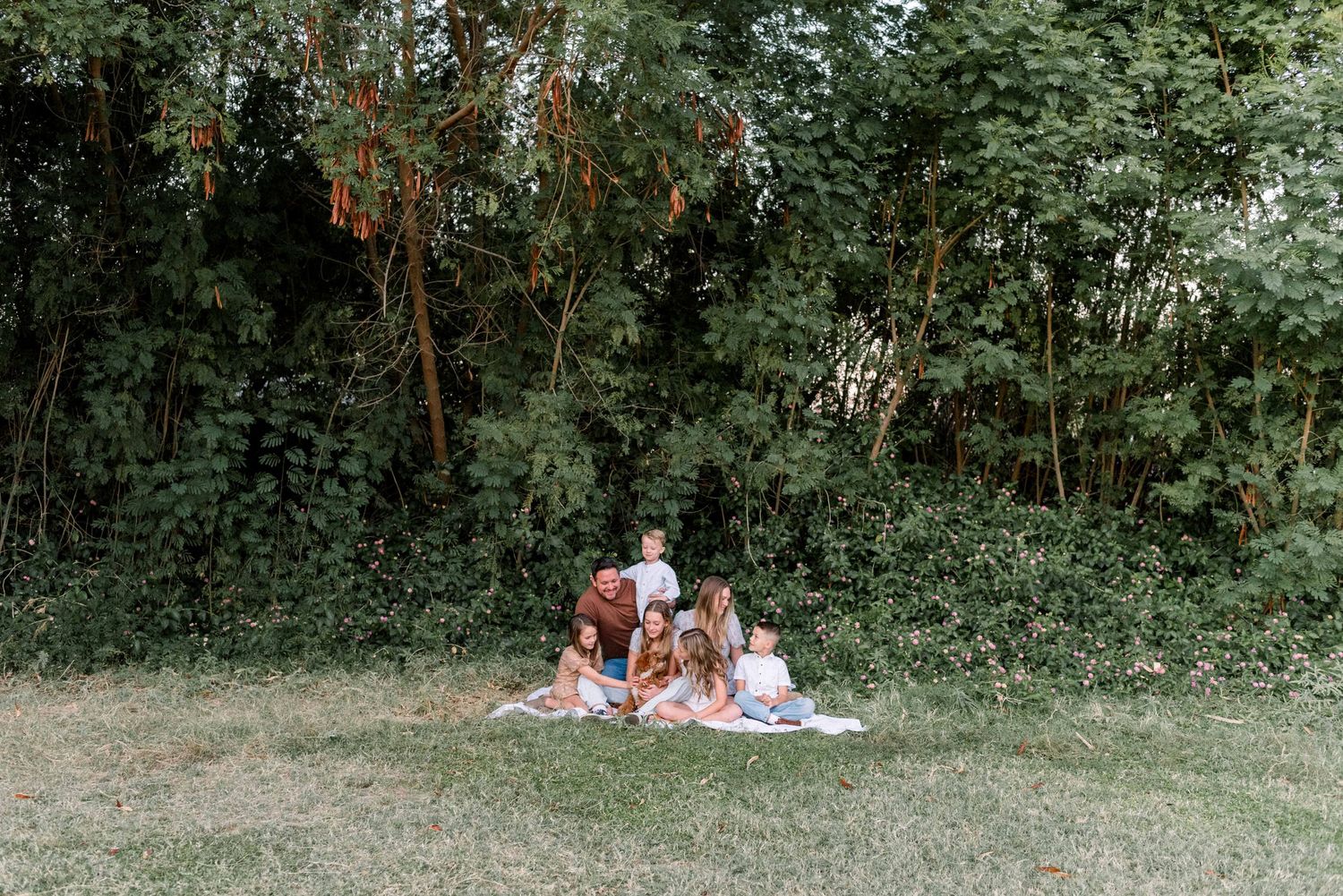 Family enjoying a summer picnic on a blanket in a lush green garden setting with trees in the background.