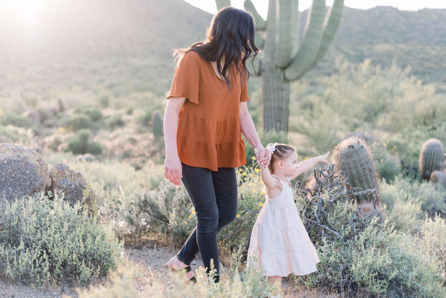 Walking hand in hand through desert landscape with saguaro cactus at sunset.