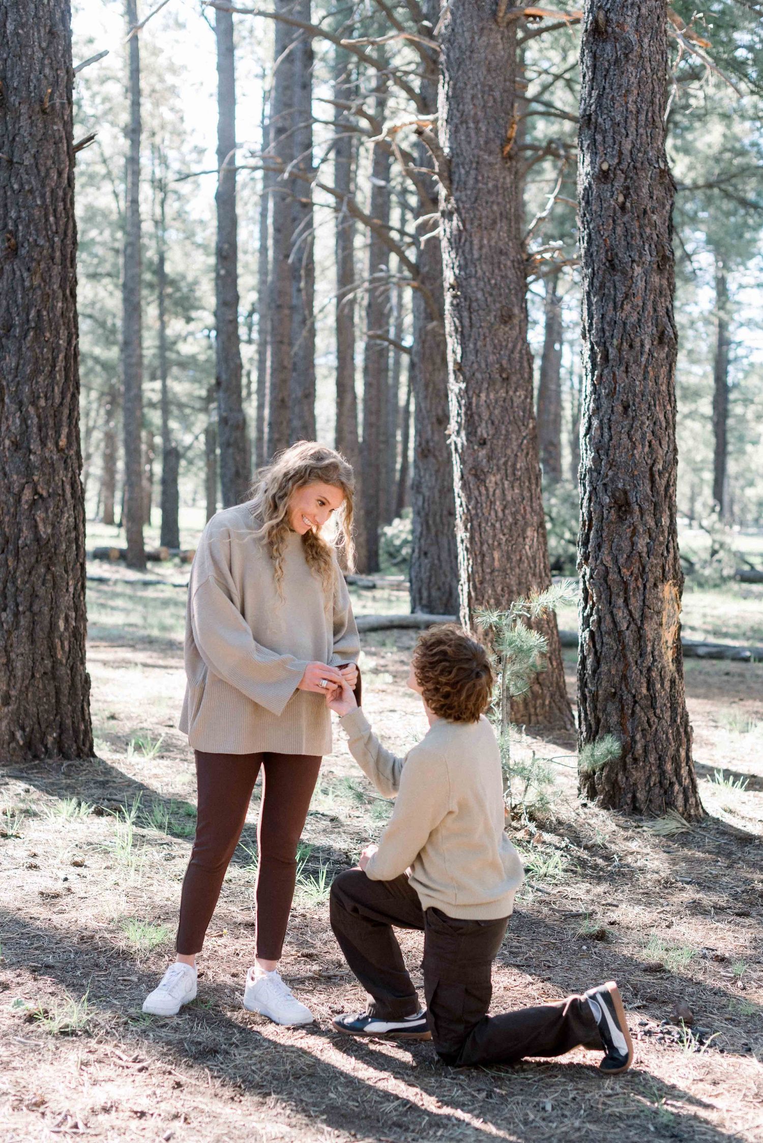 Sweet proposal moment captured between couple in sunlit forest.