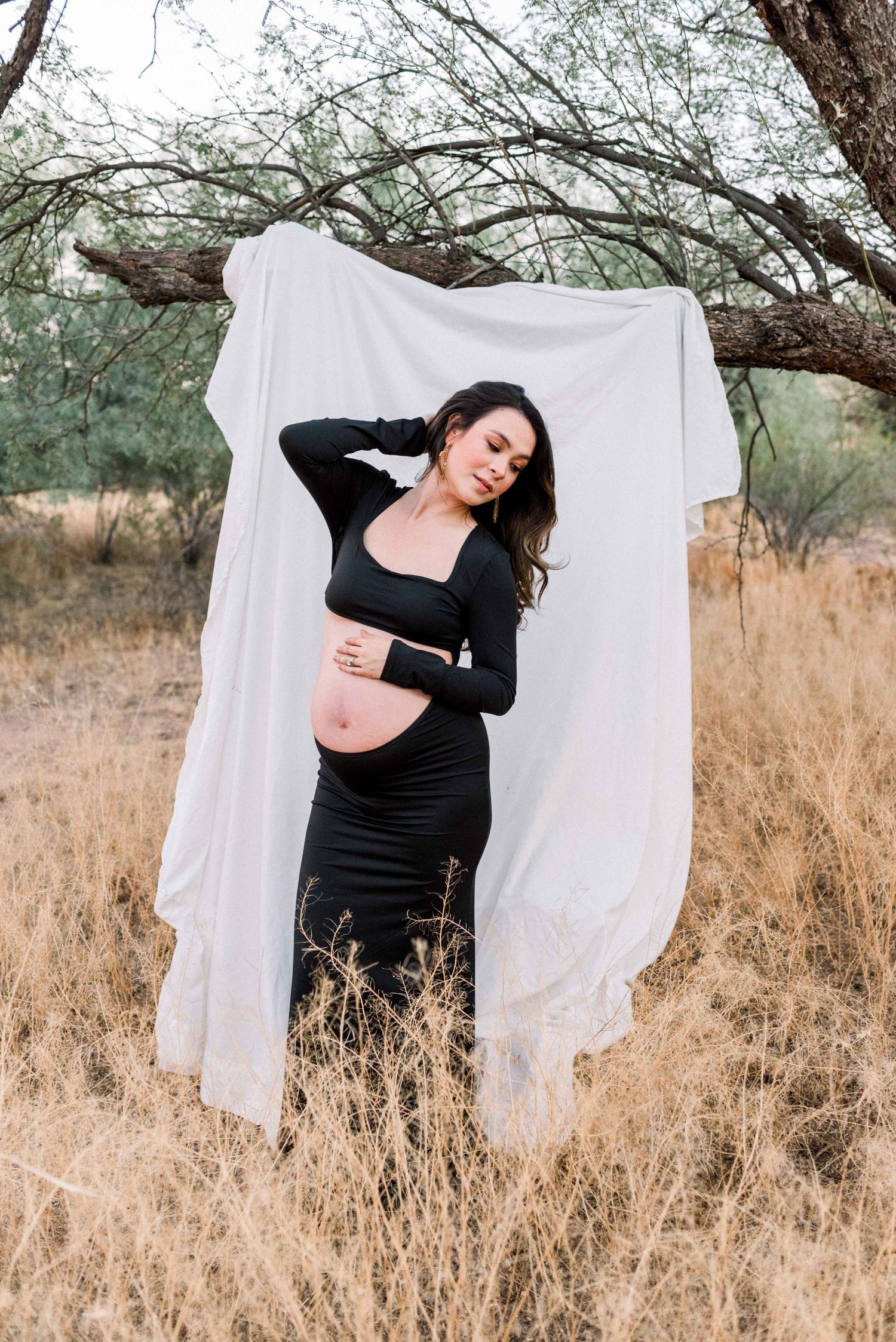 Outdoor maternity photo with white backdrop and desert brush features elegant black dress and natural setting.