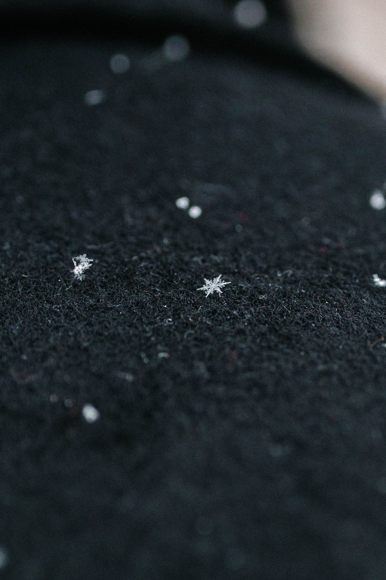 Macro shot of delicate snowflakes on black textured surface with bokeh effect.