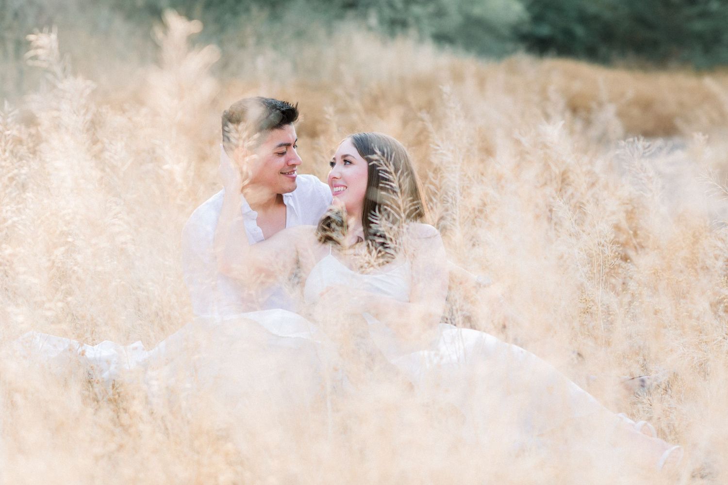 A romantic couple sitting together in tall golden grass during a dreamy outdoor photoshoot.