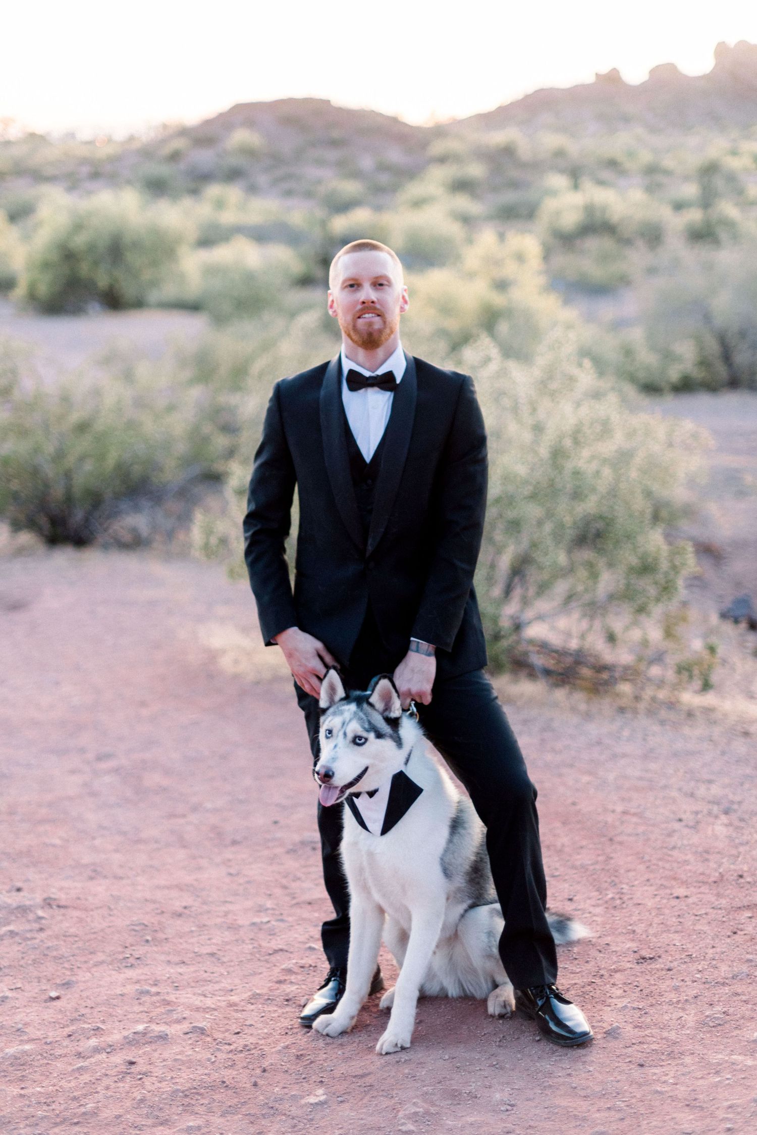 A black-suited figure poses with a husky mix dog against a desert landscape at sunset.