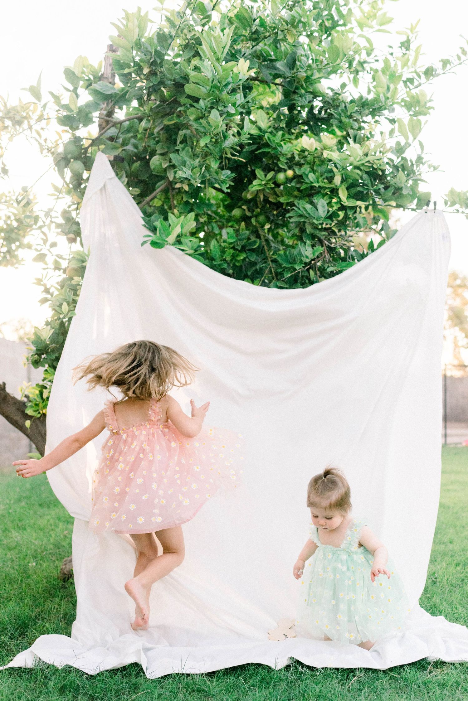 Playful photo sequence with white sheets hanging outdoors among green foliage.