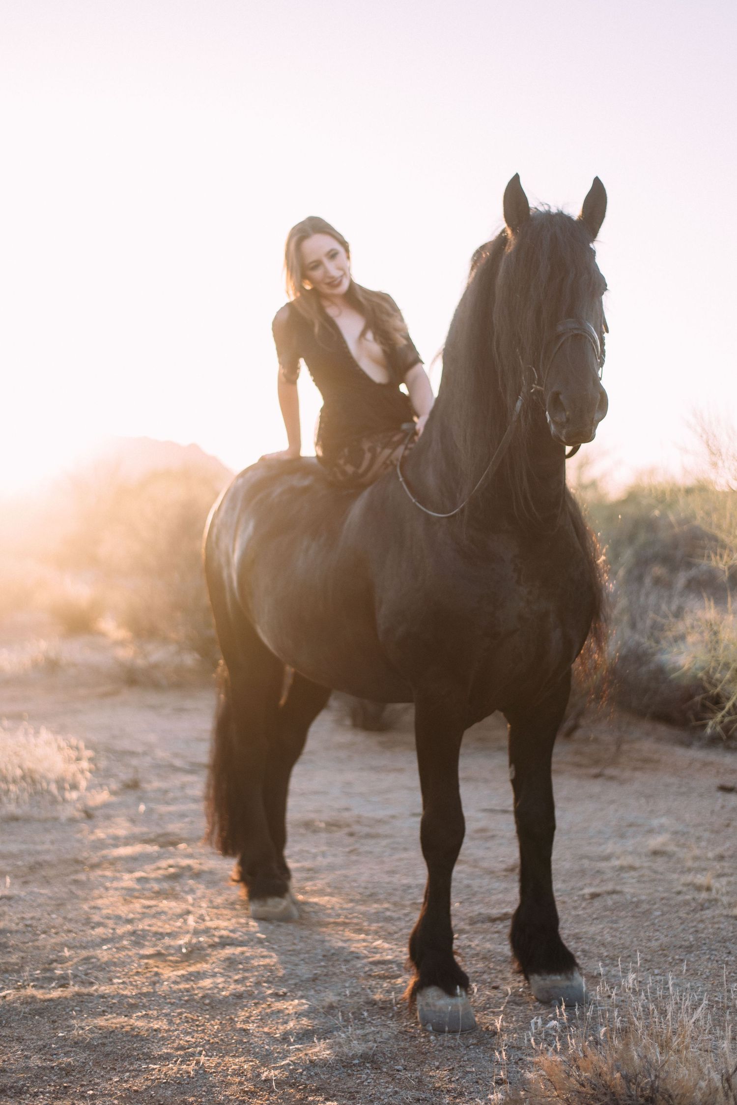 A beautiful black horse stands in golden desert light with a rider in white.