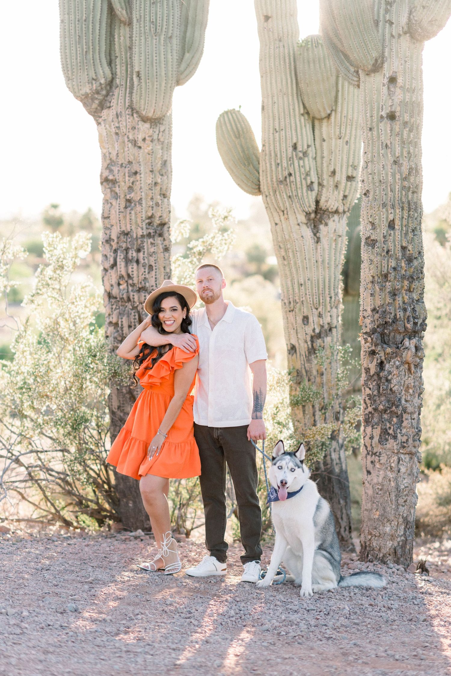 Engagement portrait with couple and husky standing between massive desert cacti.