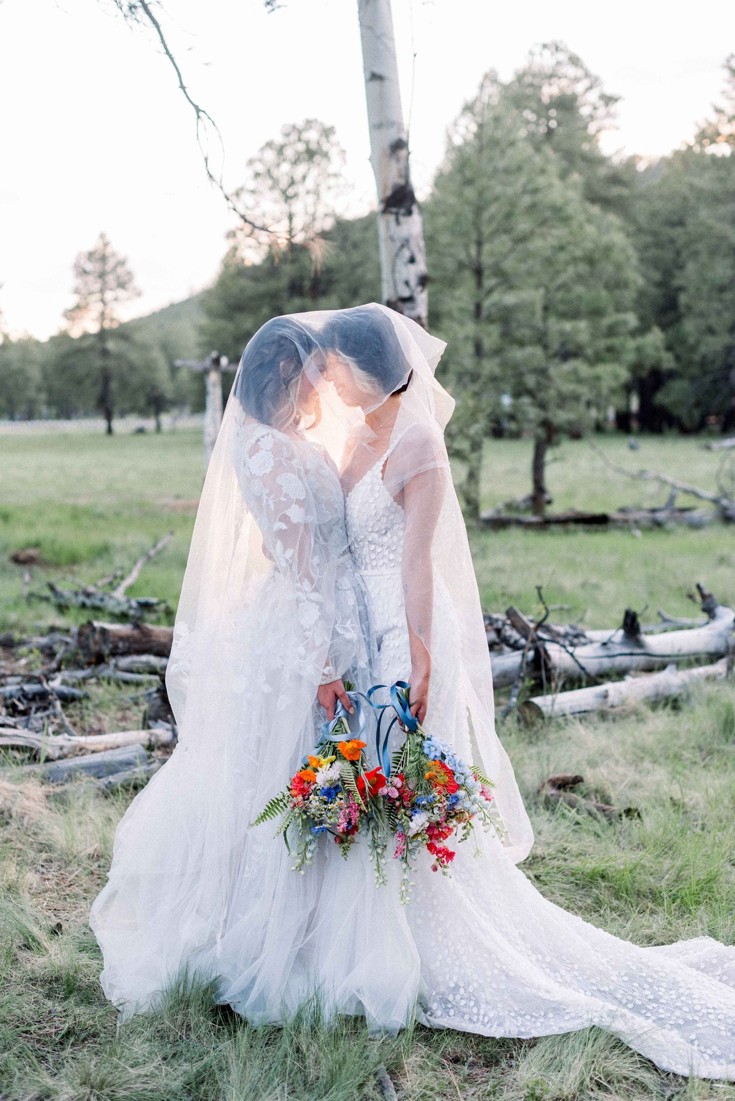Romantic wedding portrait with flowing veil and vibrant bouquet in a forest meadow.