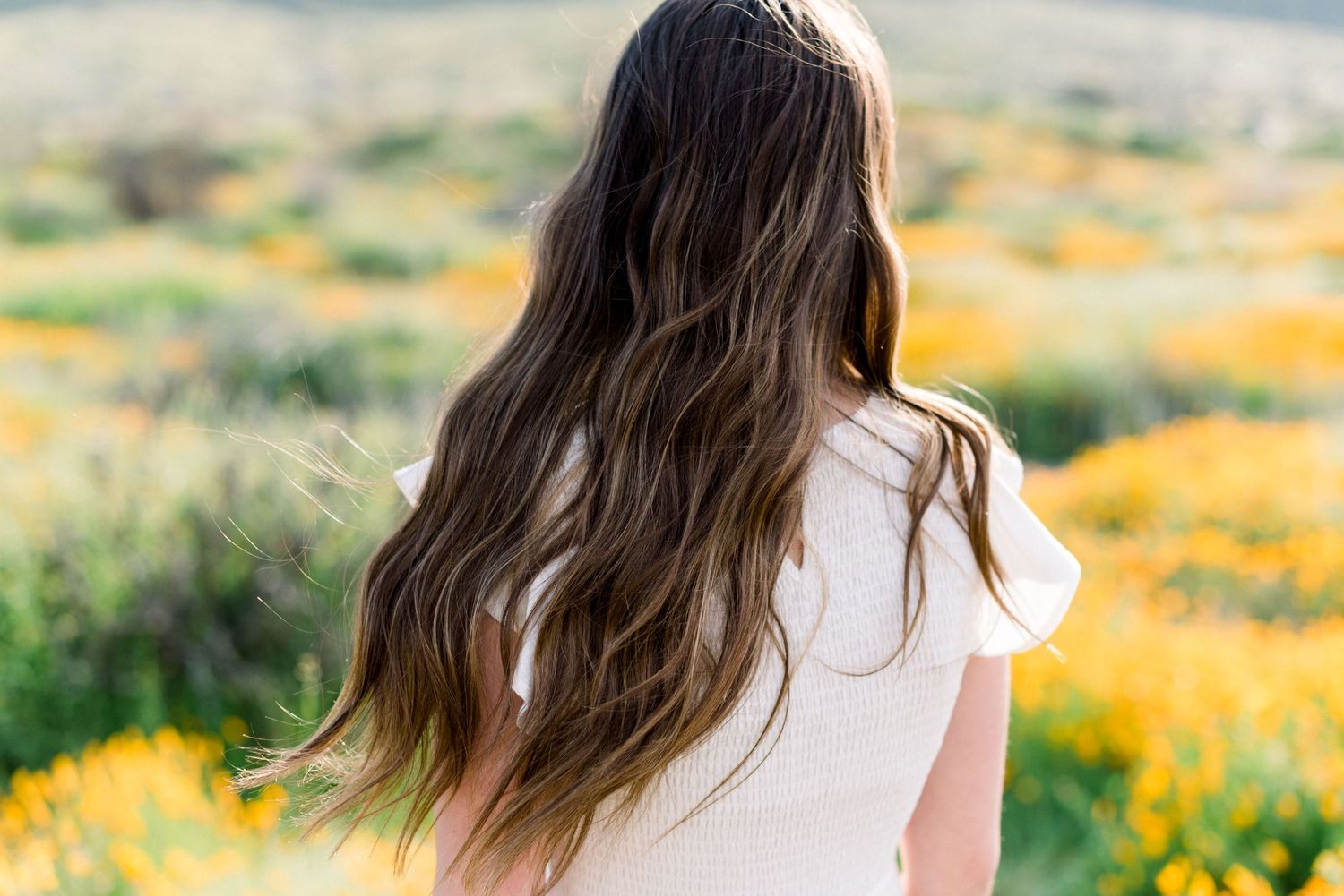 Long wavy hair captured from behind against a backdrop of yellow wildflowers and mountains.