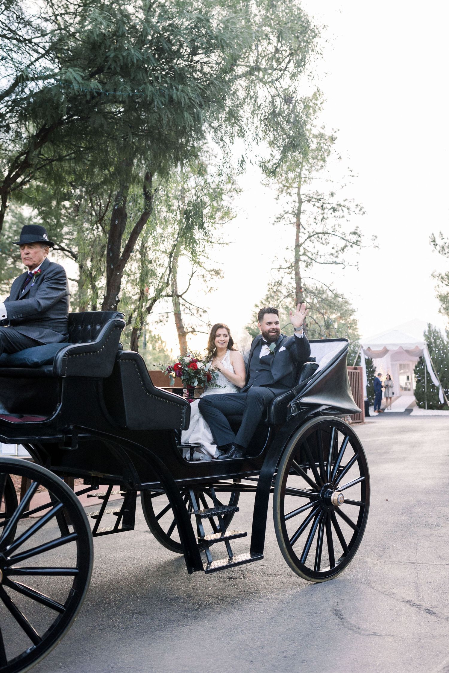 Elegant black horse-drawn carriage carries wedding party down a tree-lined path.
