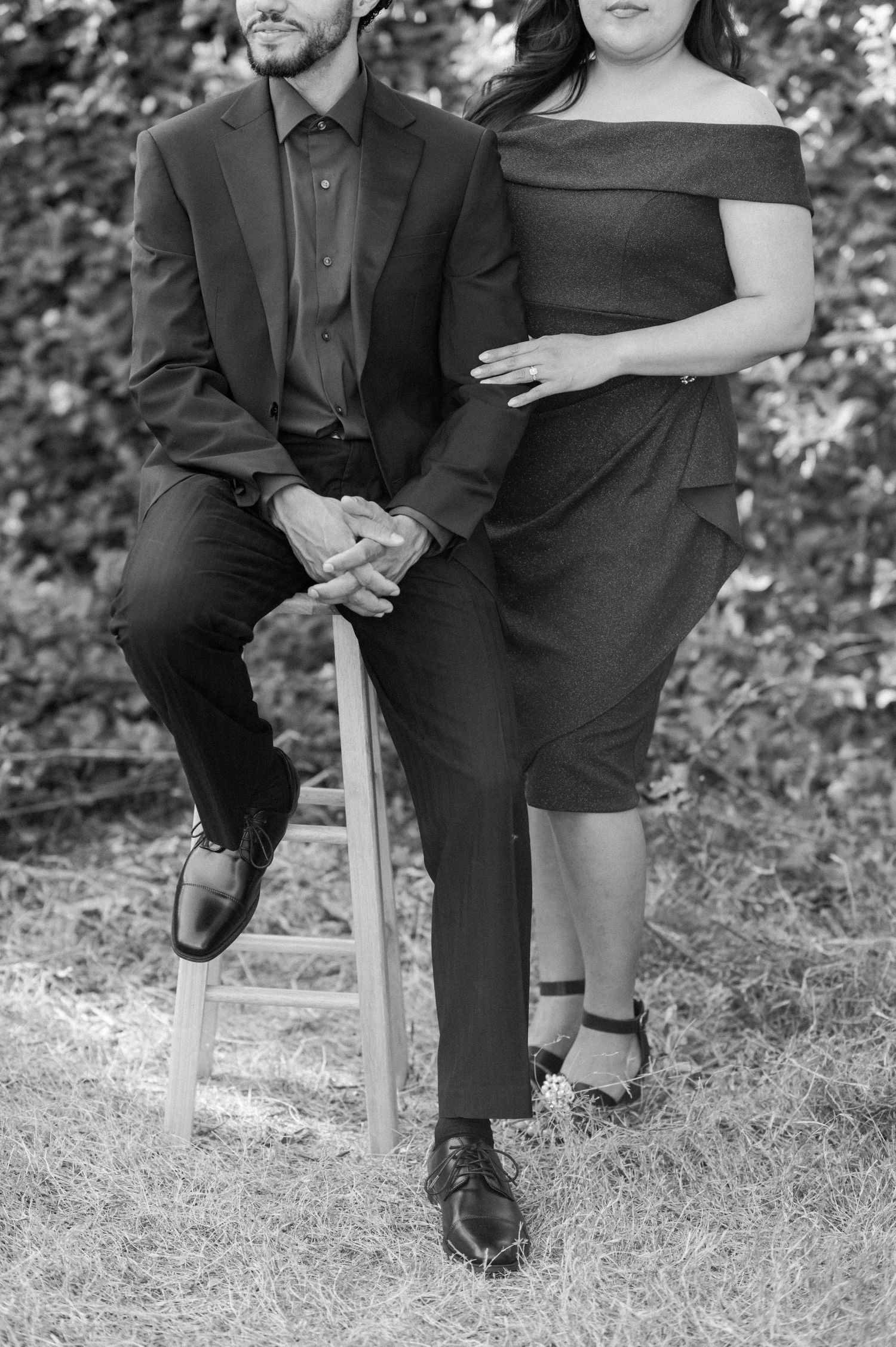 Black and white photo series showing cropped views of a couple sitting together on a wooden stool outdoors.