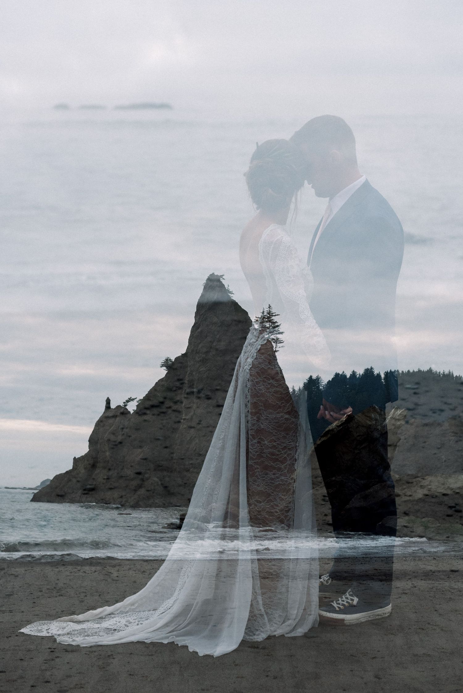Double exposure wedding photo with a dramatic sea stack silhouetted against a cloudy sky.