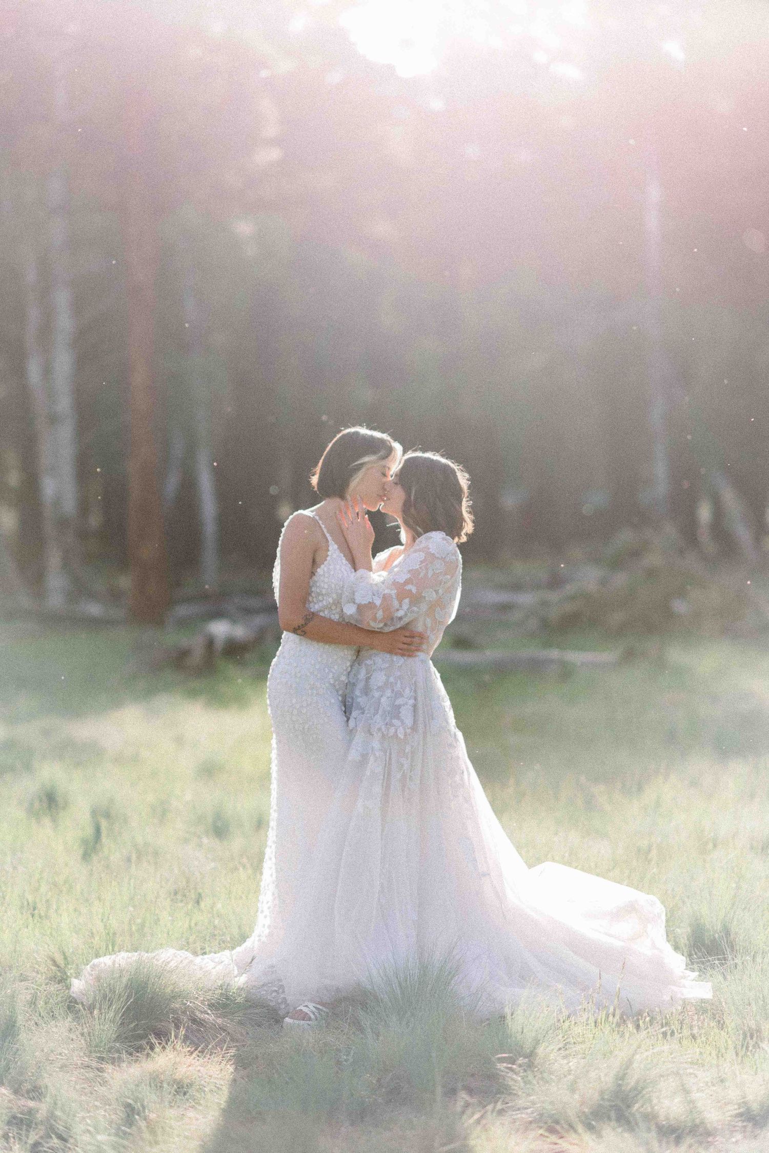 Two people in white wedding dresses embrace in a sunlit meadow surrounded by trees.