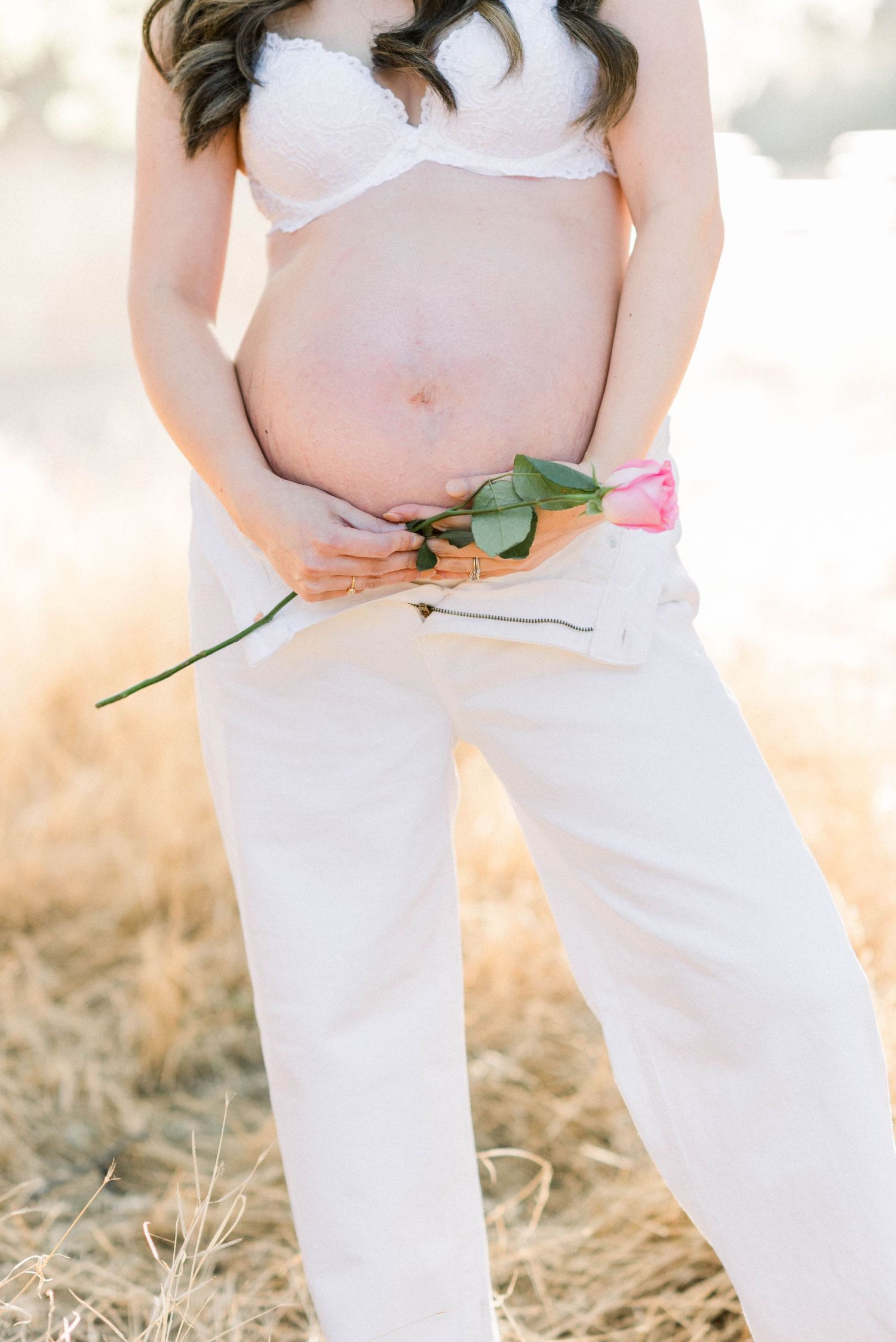 Single pink rose held during maternity photoshoot in golden field.