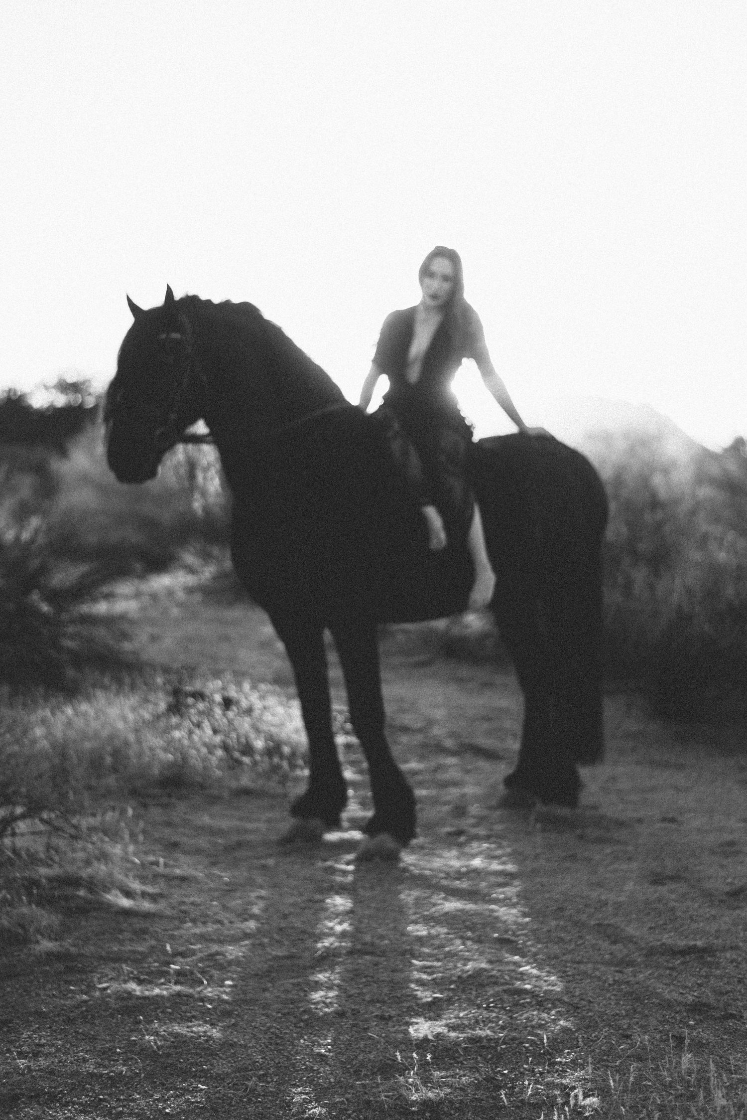 Black and white artistic photo of horses and riders in silhouette against a desert landscape.