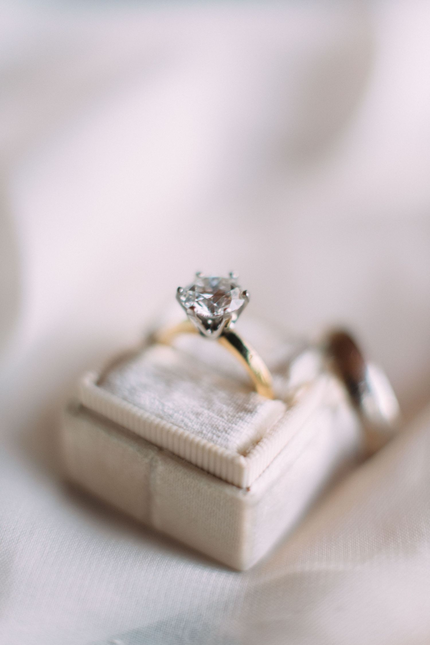 Diamond engagement ring with six prongs in a classic setting on white cushioned box.