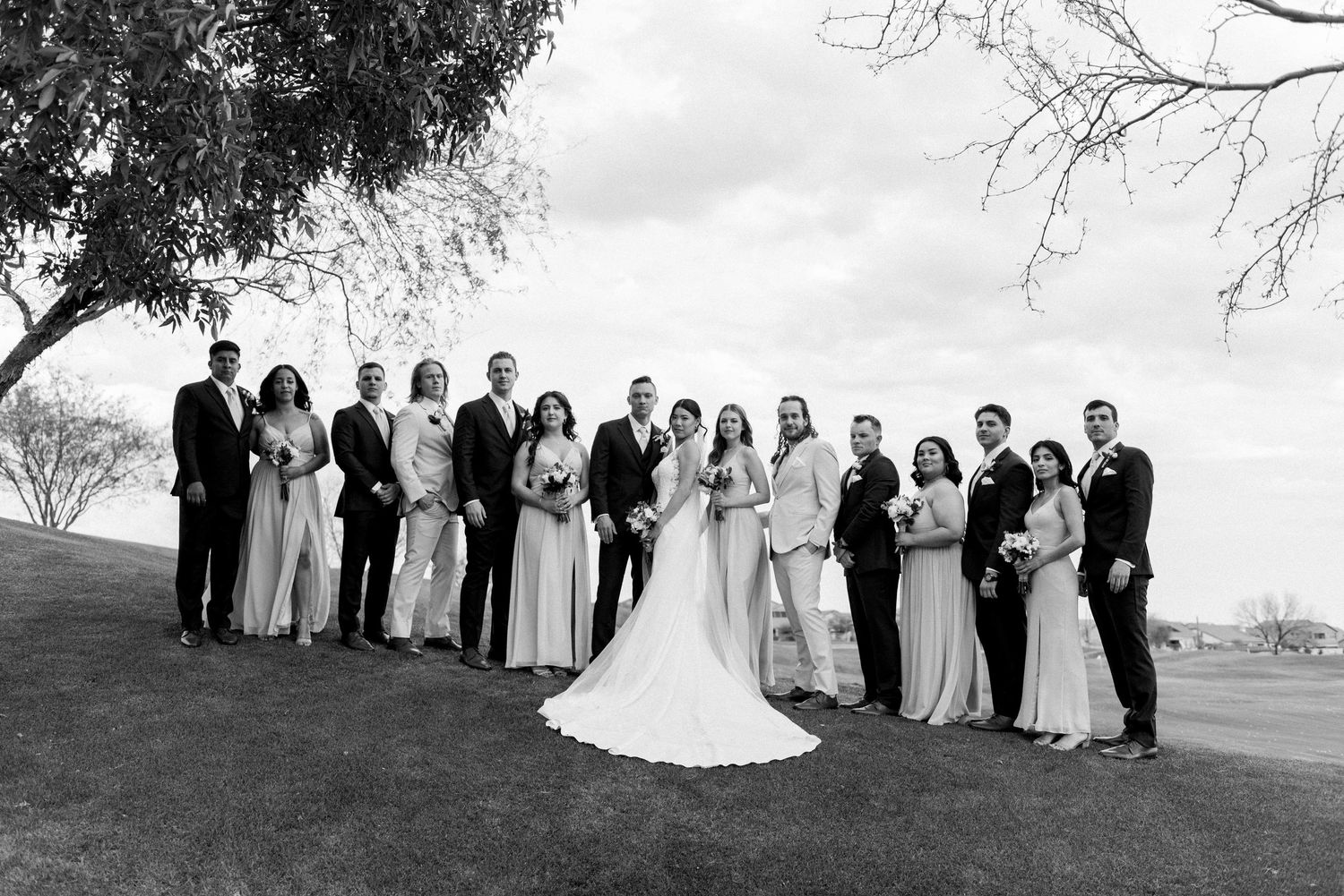 Wedding party poses together on a grassy hill in black and white.