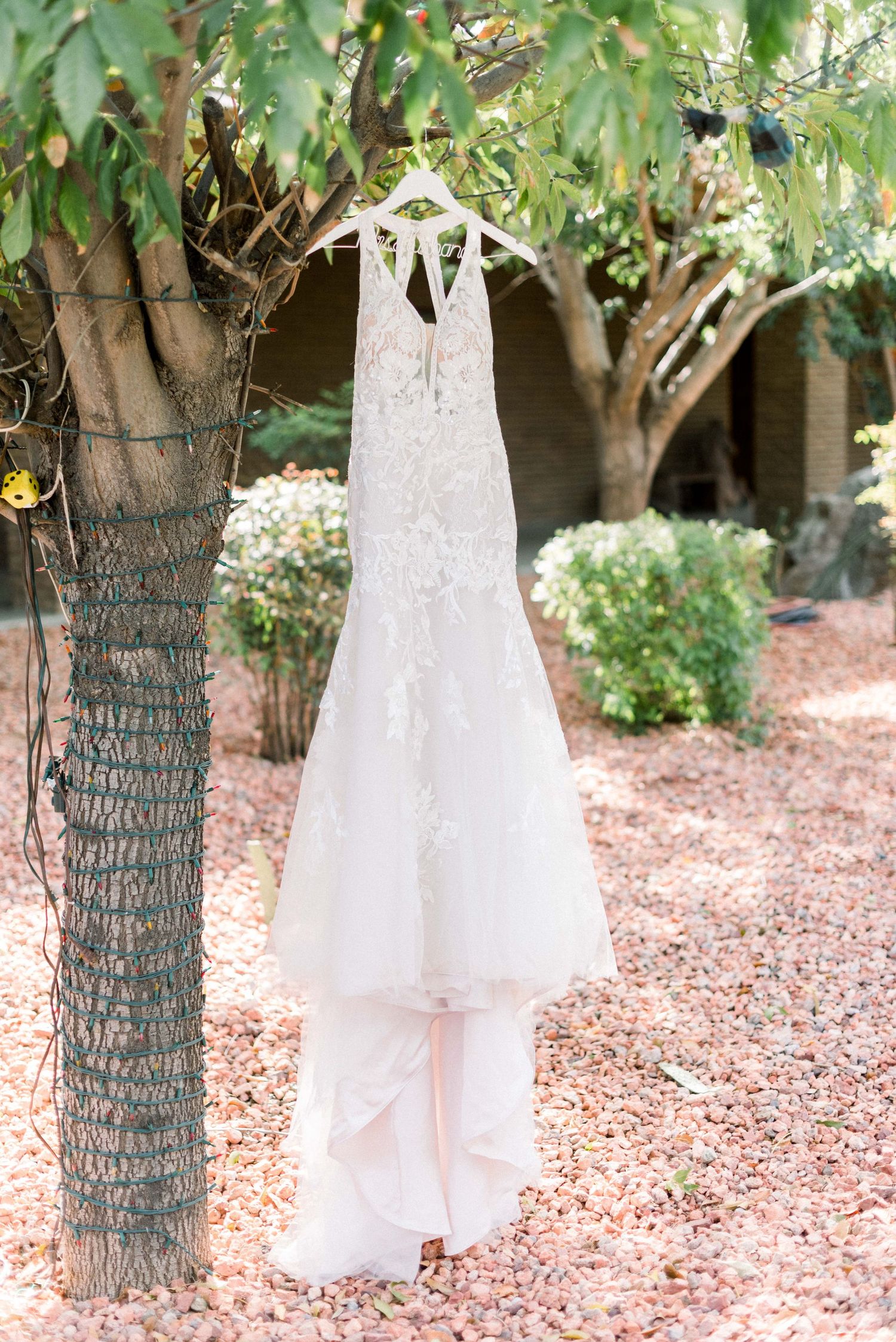 Delicate white lace wedding dress hangs from a decorative hanger against garden trees.