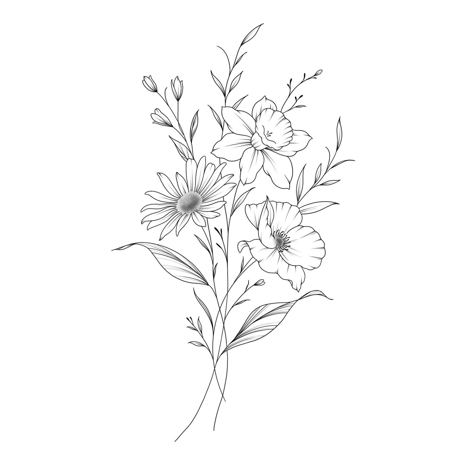 Delicate black and white line drawings of various wildflowers and botanical elements arranged in a horizontal pattern.