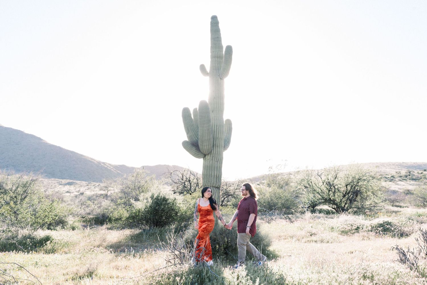 People walking through a desert landscape with tall saguaro cacti and mountains in the background.