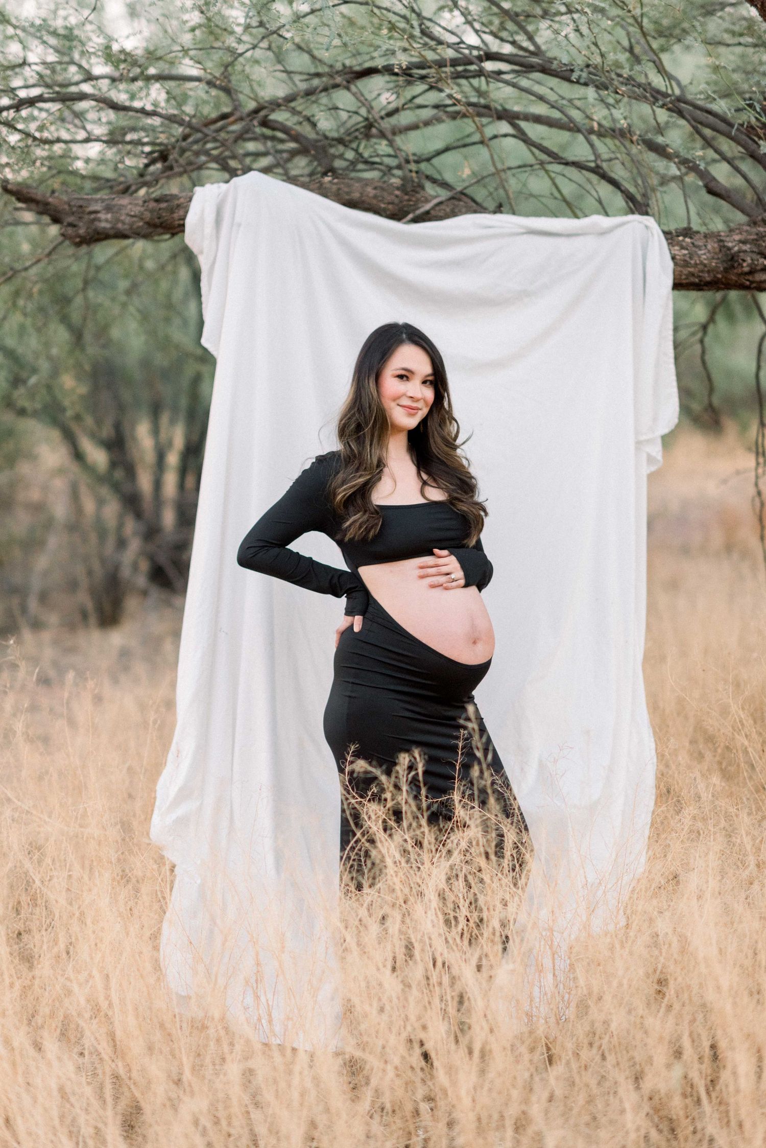 Artistic maternity photo with white backdrop and desert grasses, featuring woman in black dress.