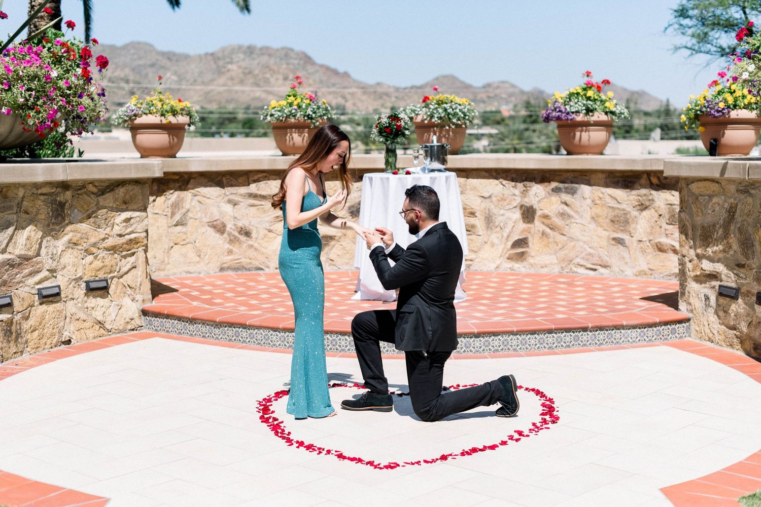 Heartfelt marriage proposal moment surrounded by rose petals and mountain scenery.