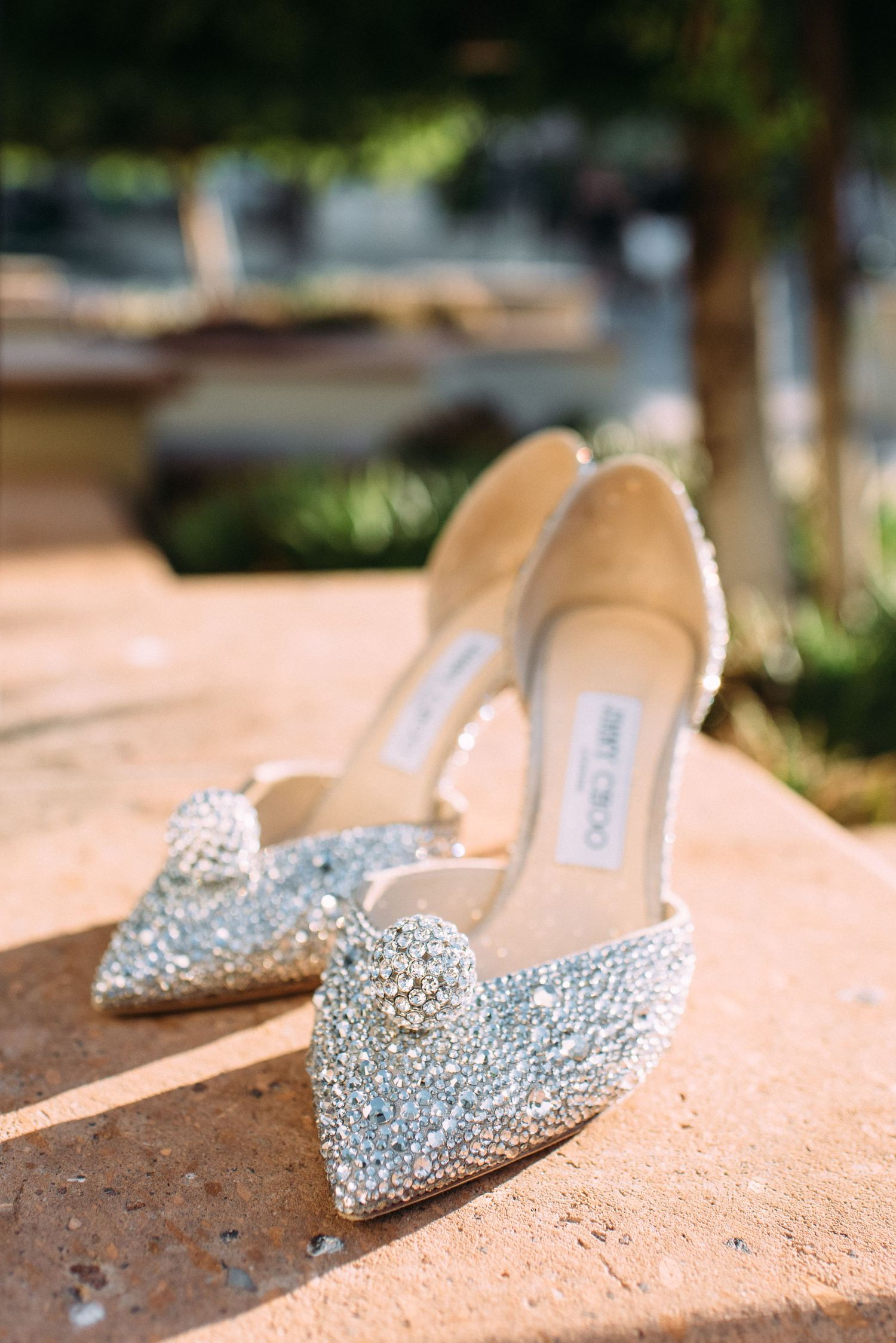 Sparkly pointed-toe Jimmy Choo bridal shoes with crystal embellishments displayed on stone surface.