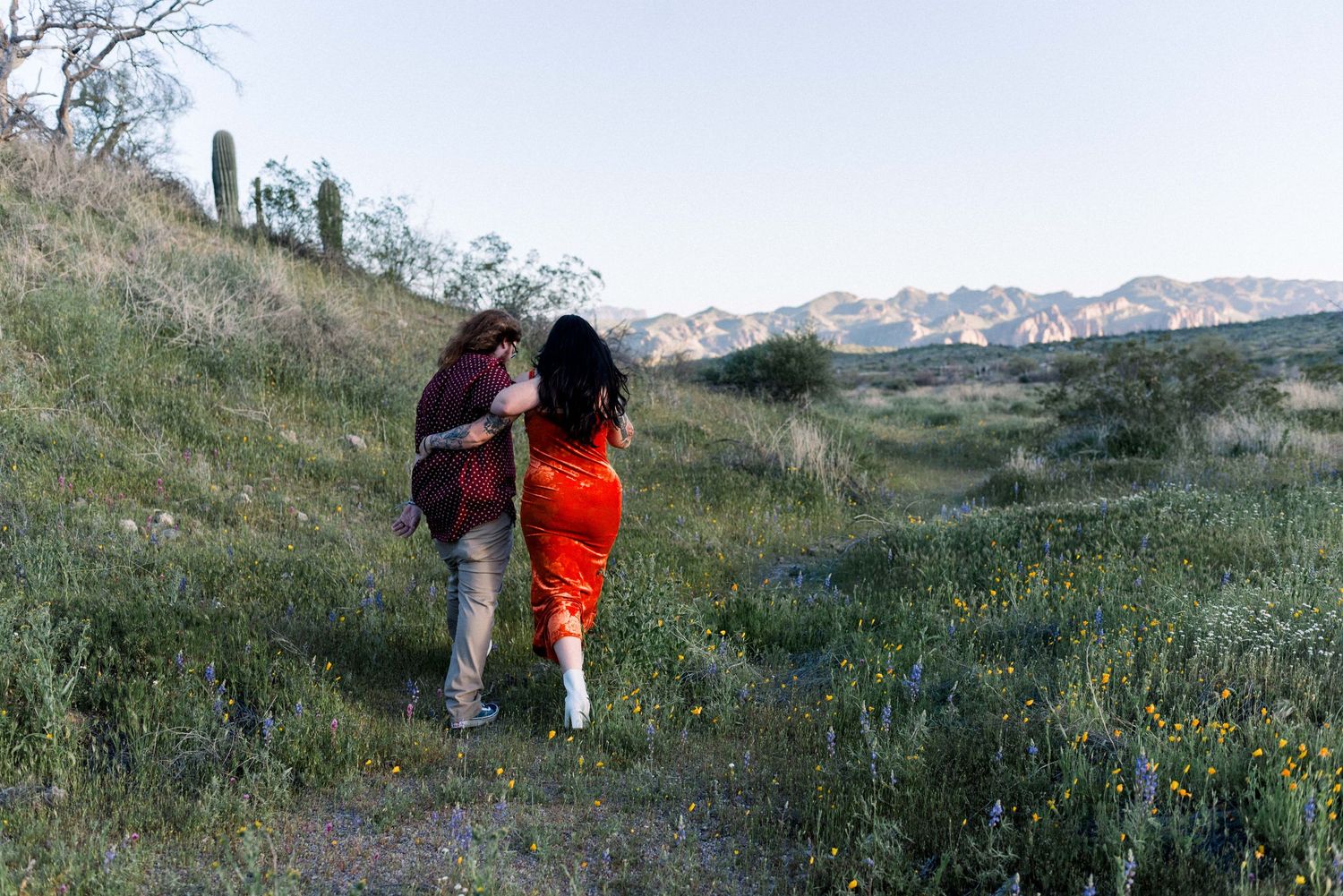 A group of hikers traverse a scenic mountain trail surrounded by wildflowers and rolling hills in the distance.
