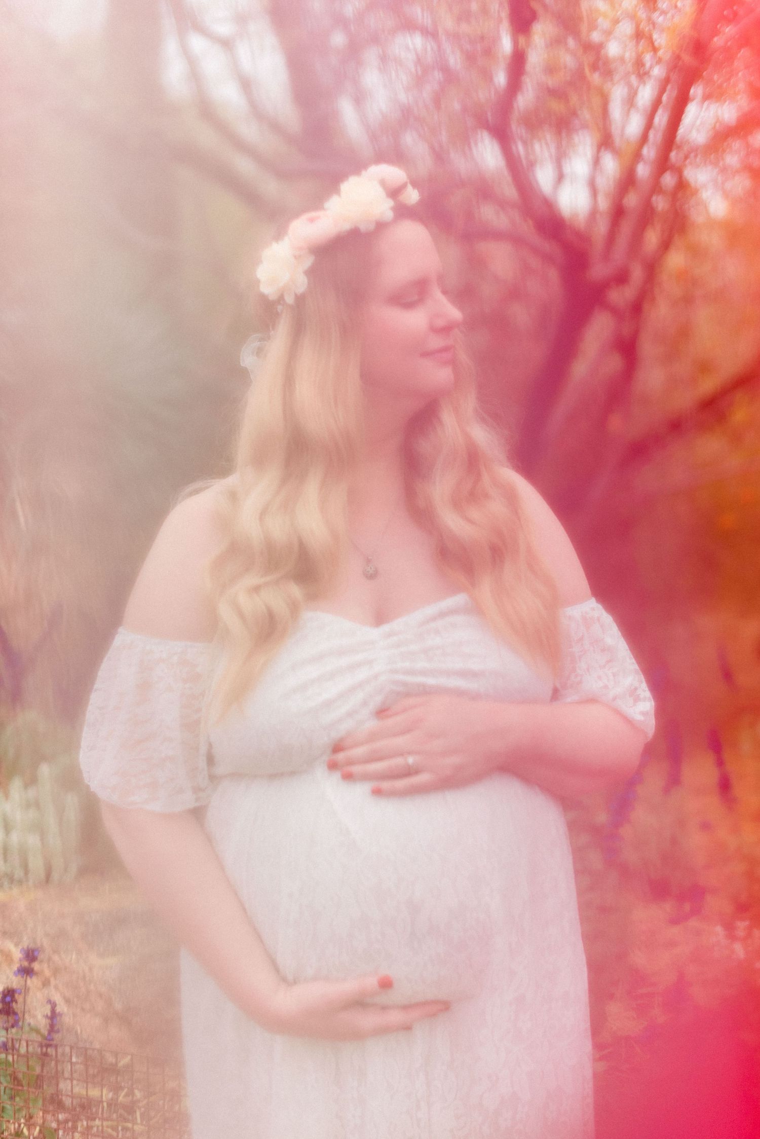 Artistic maternity photo with pink tones and dreamy bokeh effects.