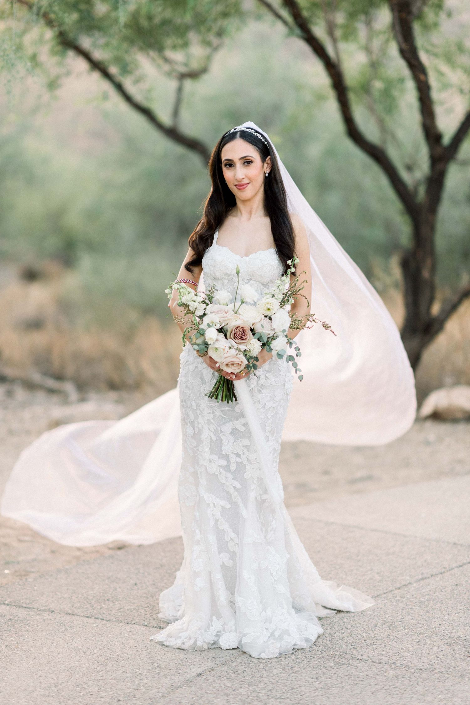 A bridal portrait series featuring a flowing cathedral veil and white bouquet in a desert setting.