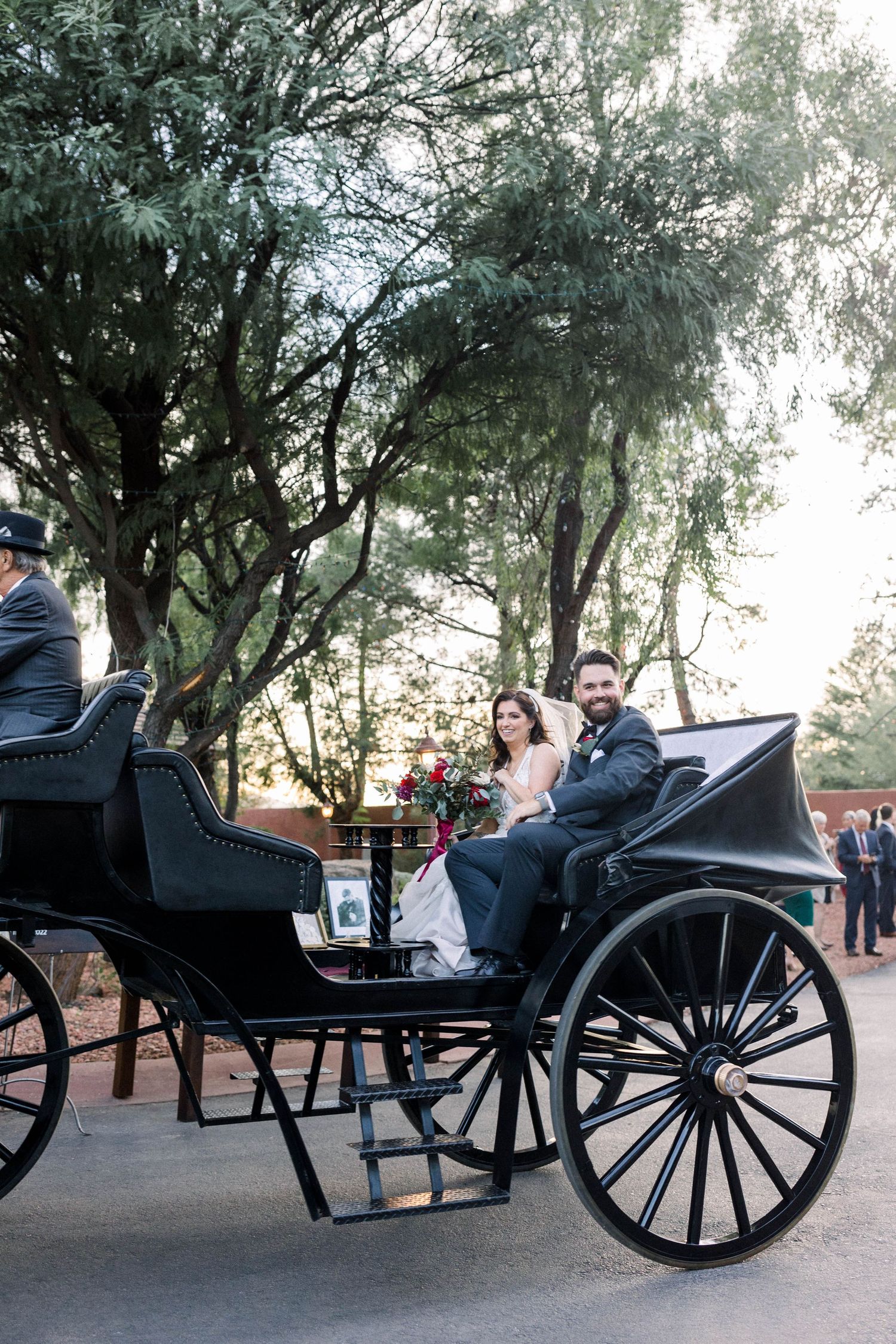 Classic black carriage with large wheels parked under overhanging trees.