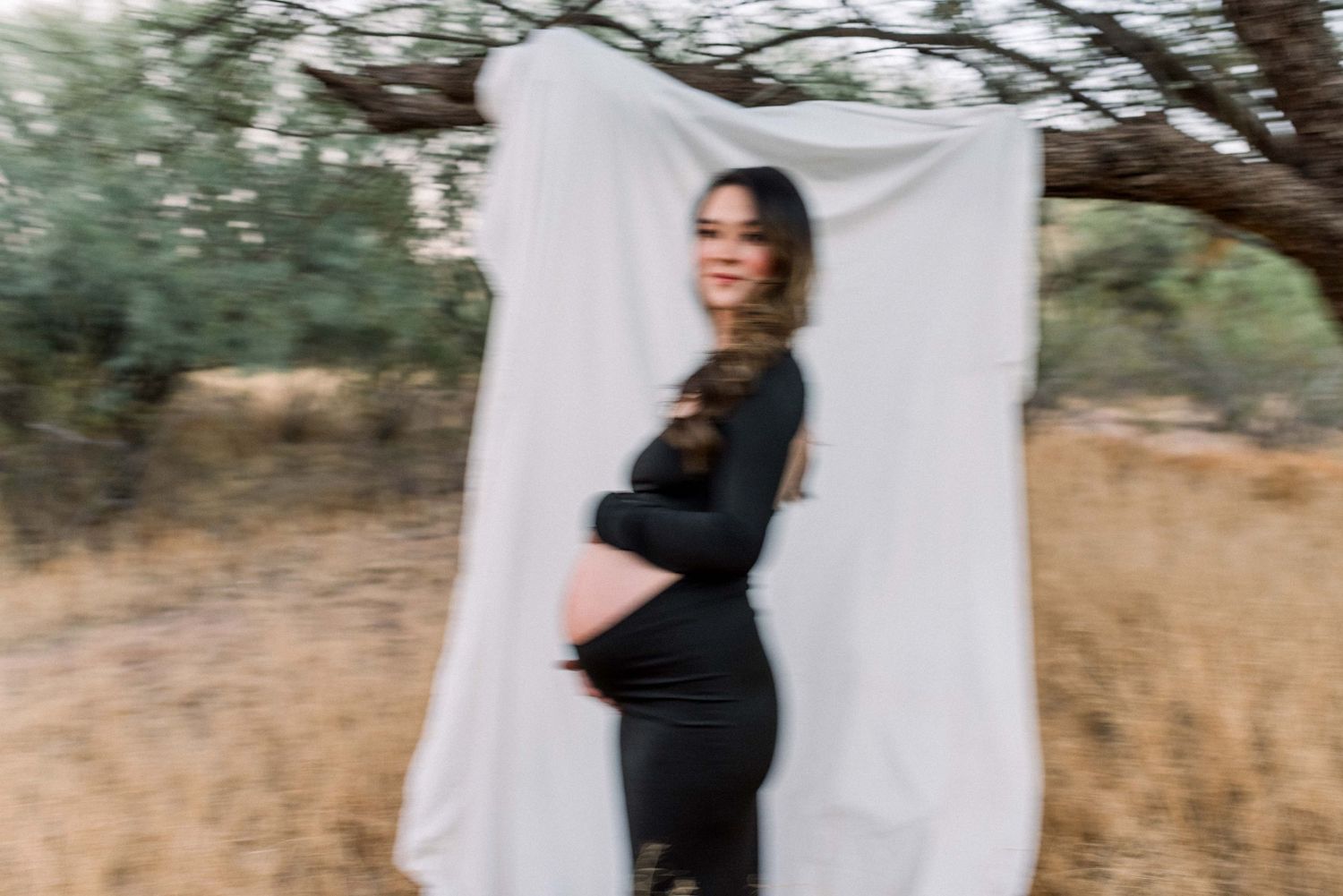 Motion-blurred artistic maternity photo against white backdrop in outdoor desert setting.