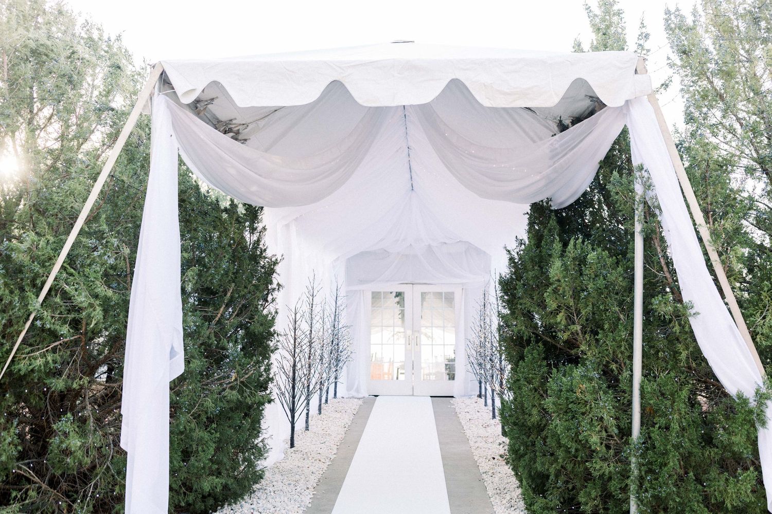White draped wedding ceremony entrance with trees lining pathway.