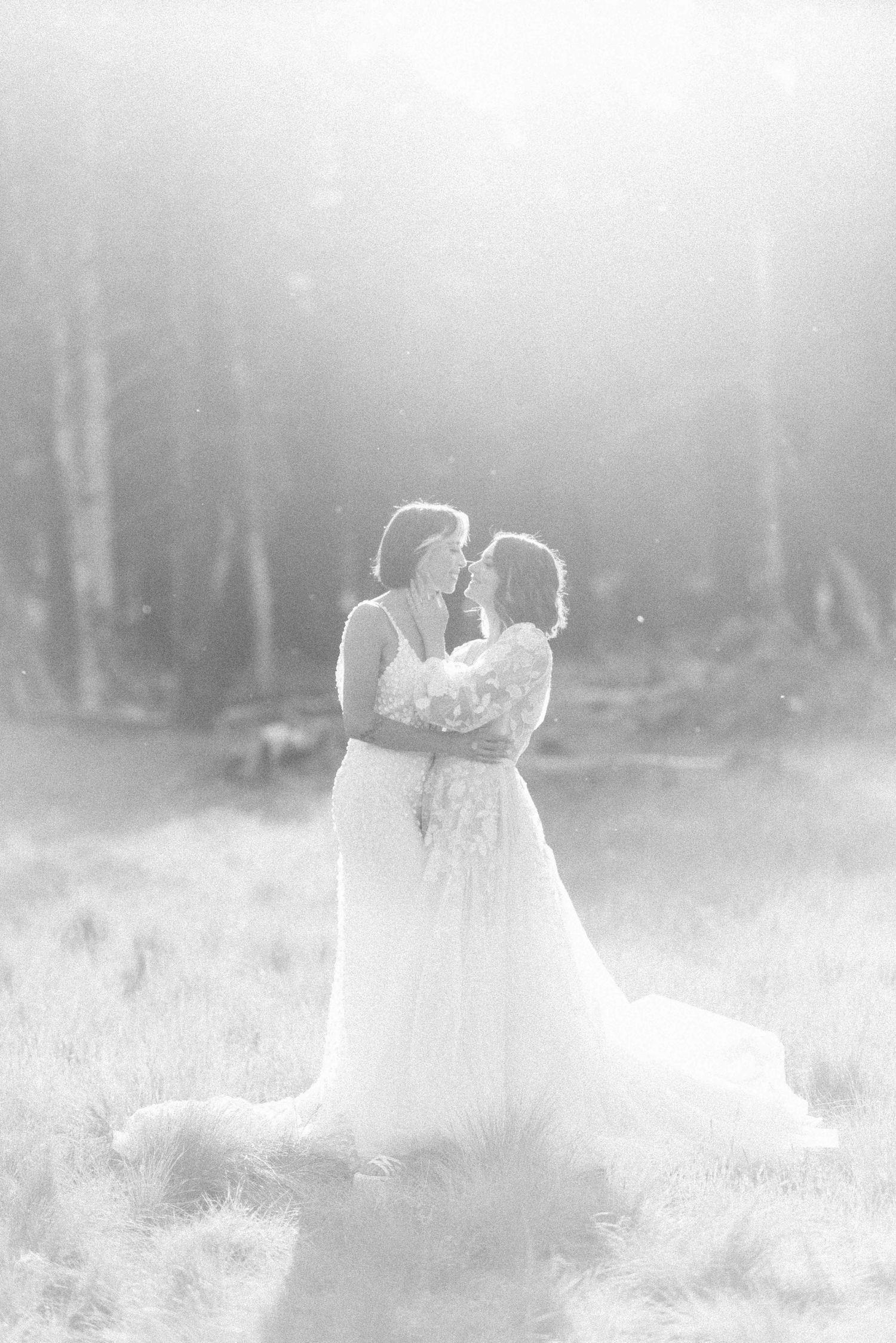 Black and white photo of a romantic moment between two people in wedding dresses in a misty field.