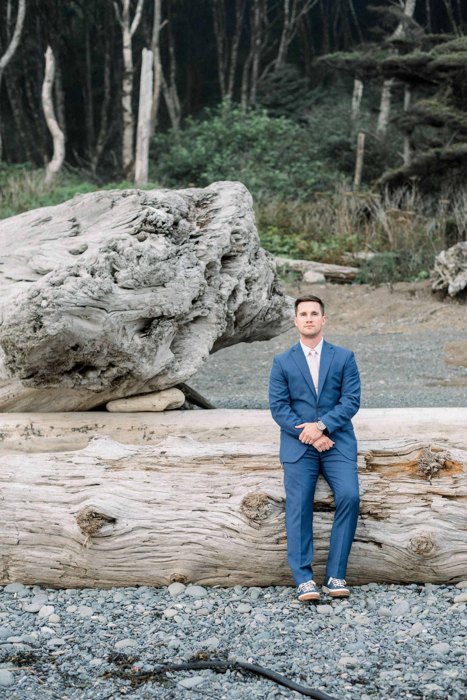 A suited figure stands on a large driftwood log at a rocky beach with a forest backdrop.