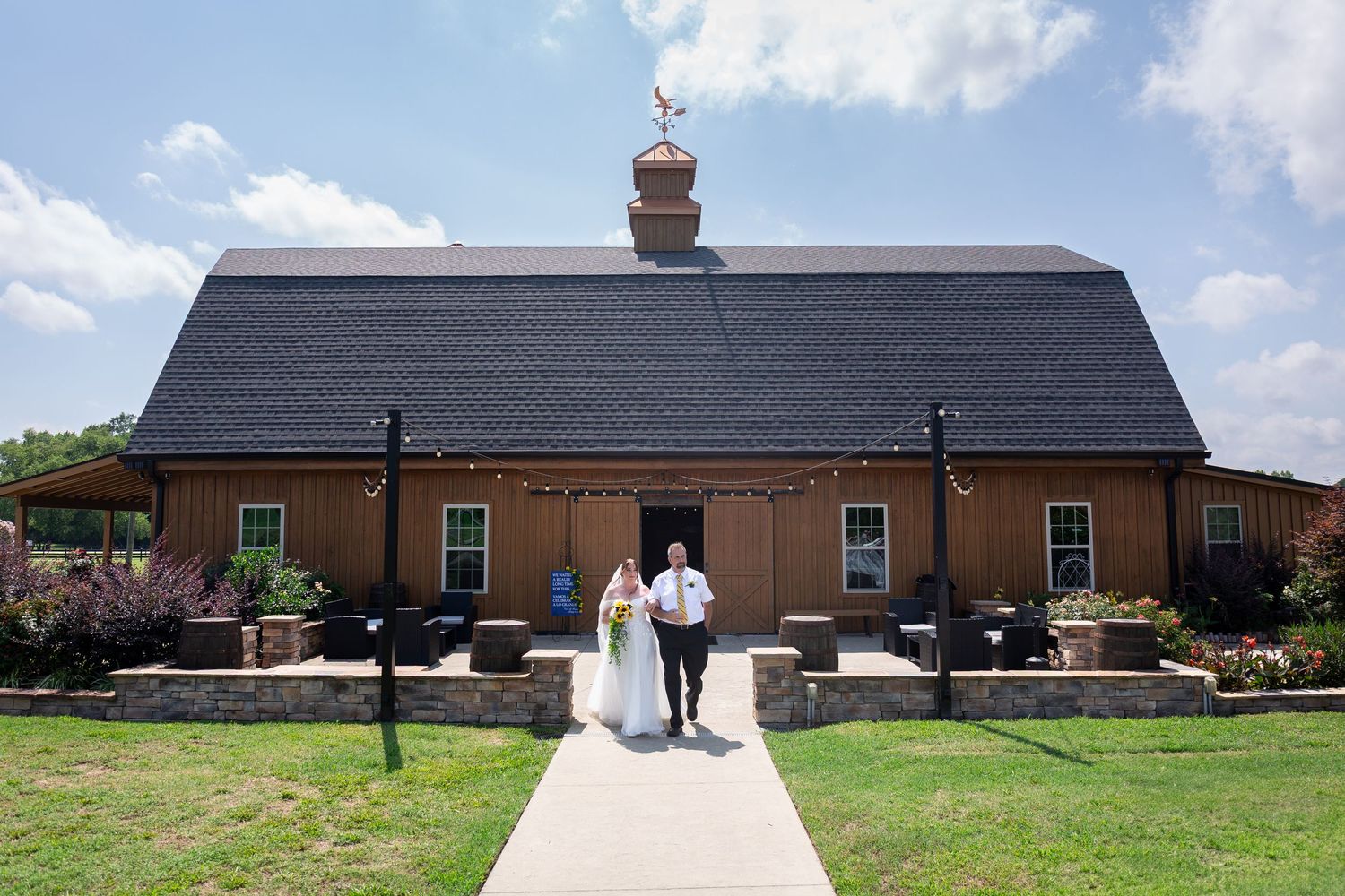 Exterior shots of a single-story brick church building with landscaping on a sunny day.