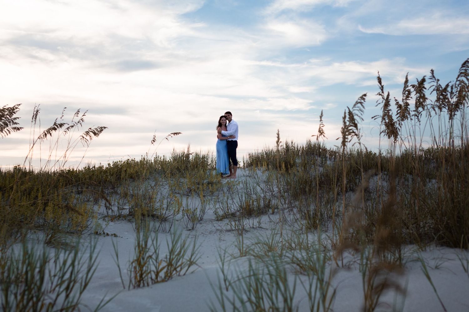 A scenic beach landscape with sea oats swaying in the breeze against sand dunes and cloudy skies.